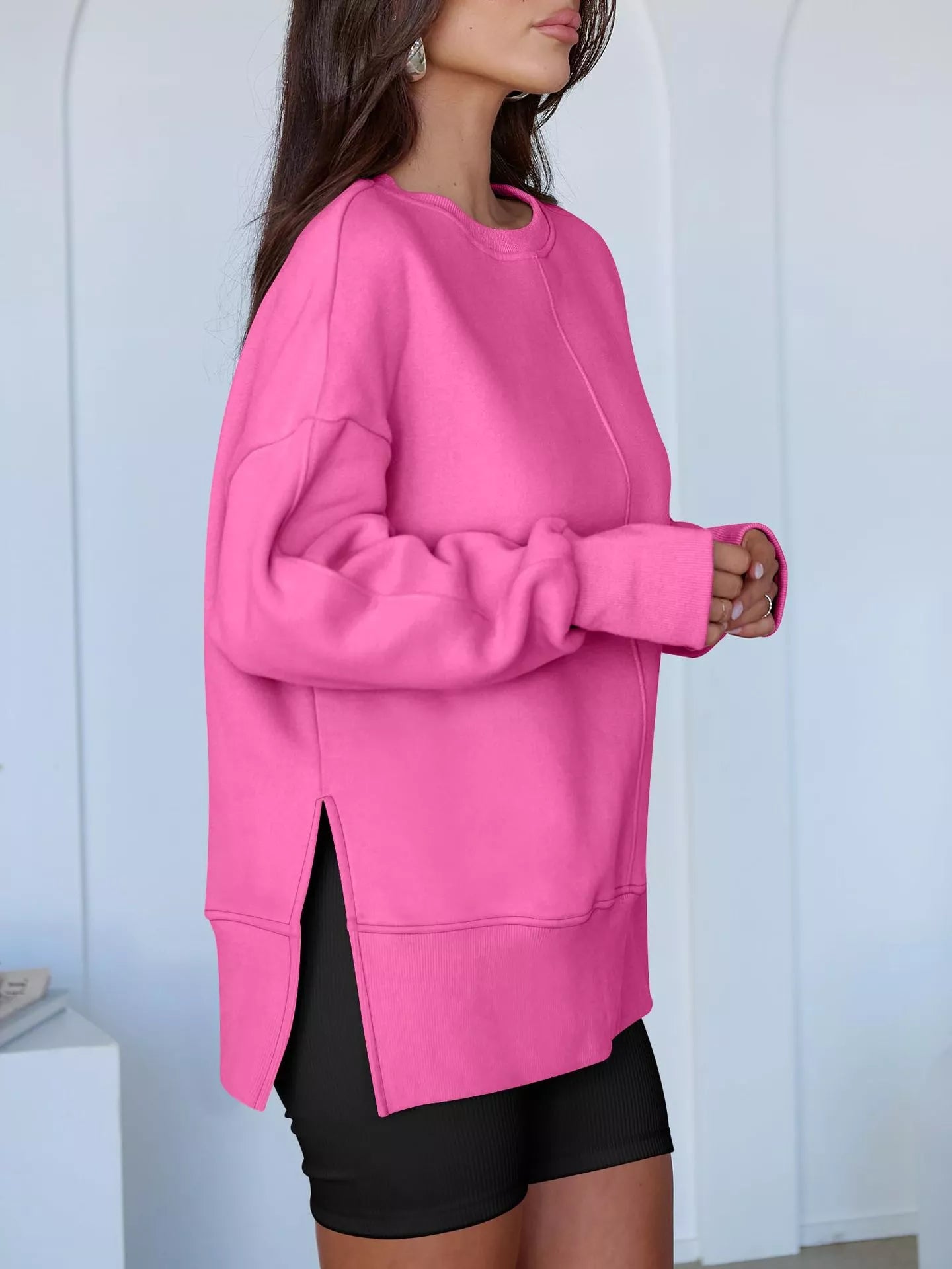 Side Slit Round Neck Long Sleeve Sweatshirt - Mr Lou’s Place