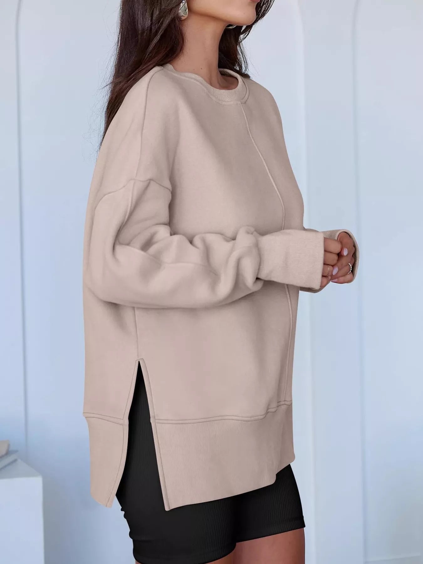 Side Slit Round Neck Long Sleeve Sweatshirt - Mr Lou’s Place