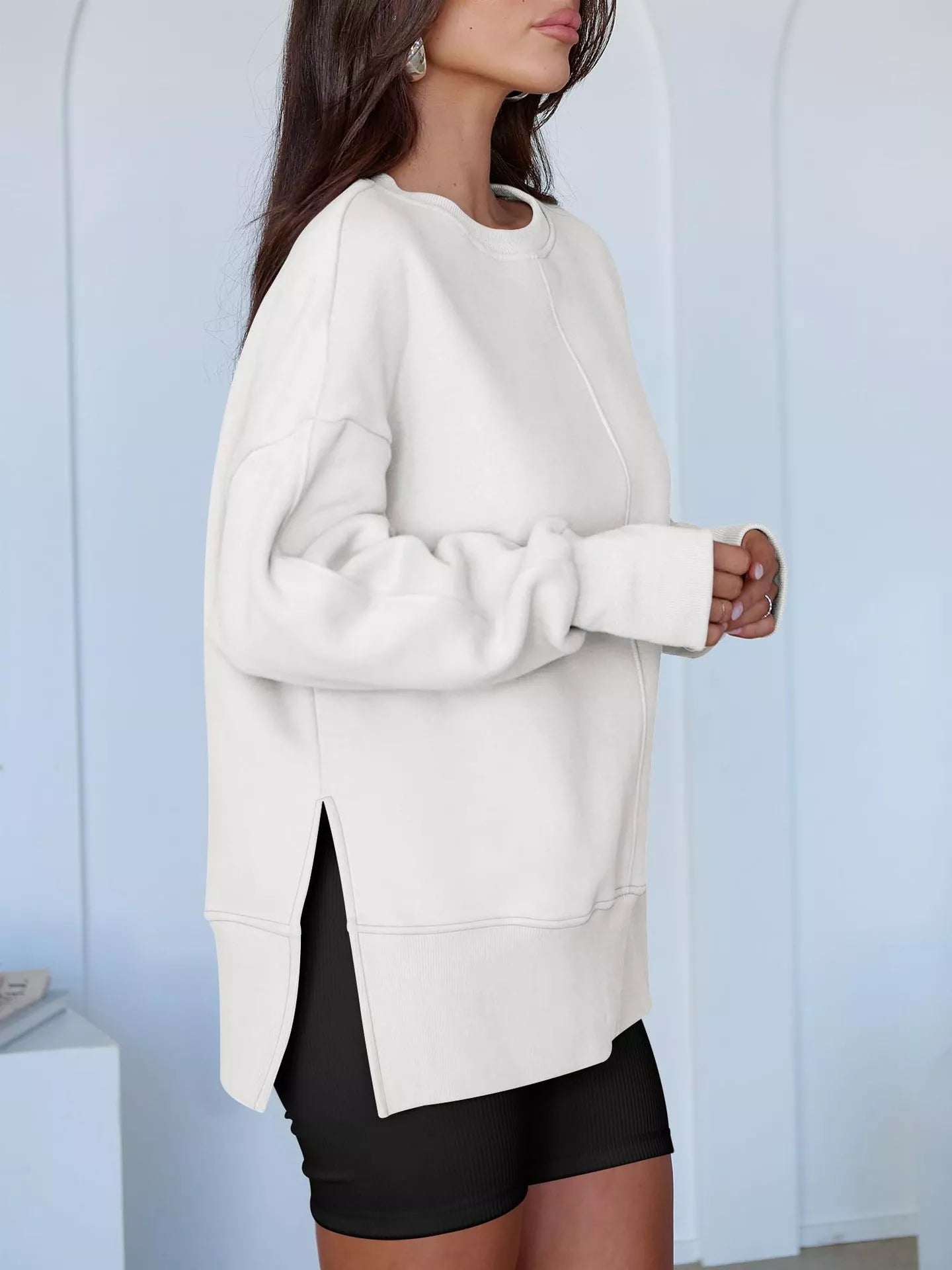 Side Slit Round Neck Long Sleeve Sweatshirt - Mr Lou’s Place