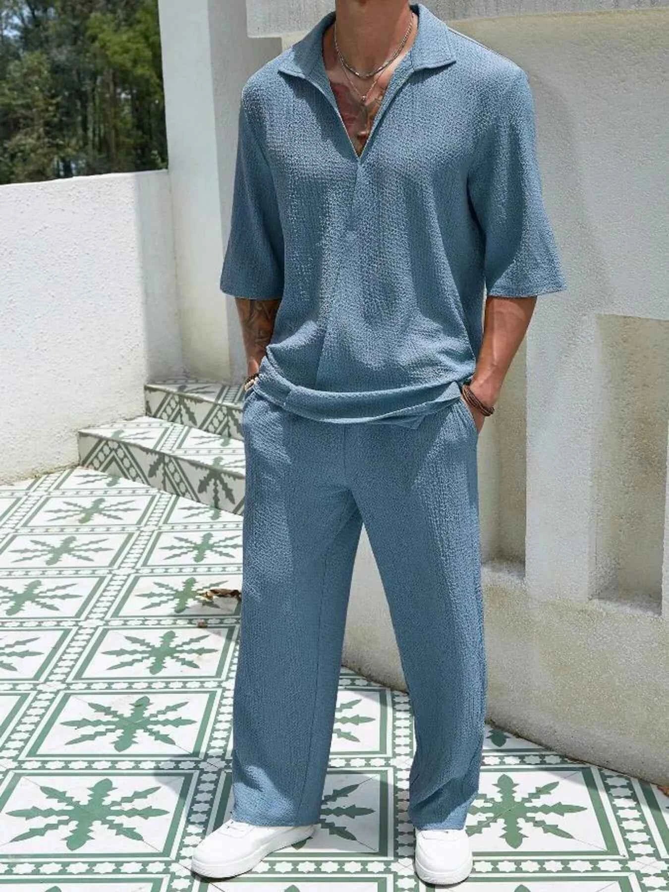 Men's Plus Size Half Sleeve Top and Pants Set - Mr Lou’s Place