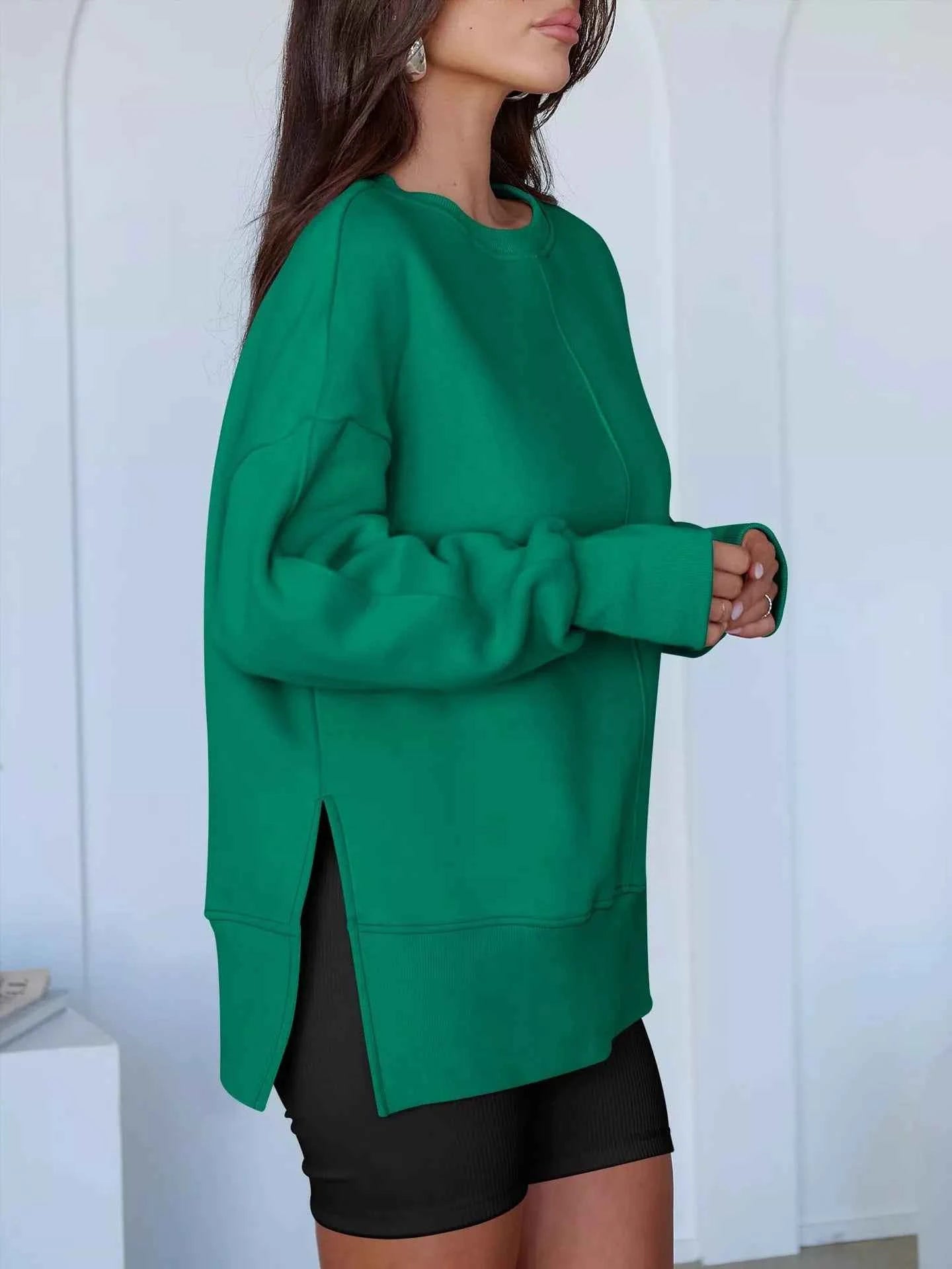 Side Slit Round Neck Long Sleeve Sweatshirt - Mr Lou’s Place
