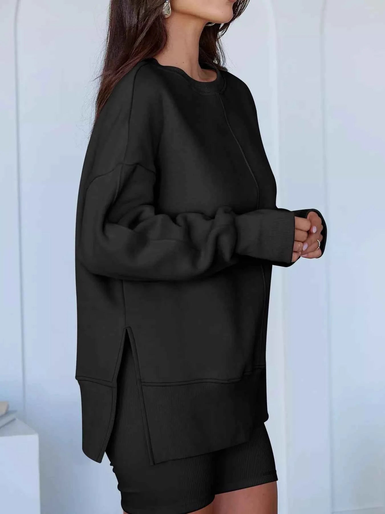 Side Slit Round Neck Long Sleeve Sweatshirt - Mr Lou’s Place