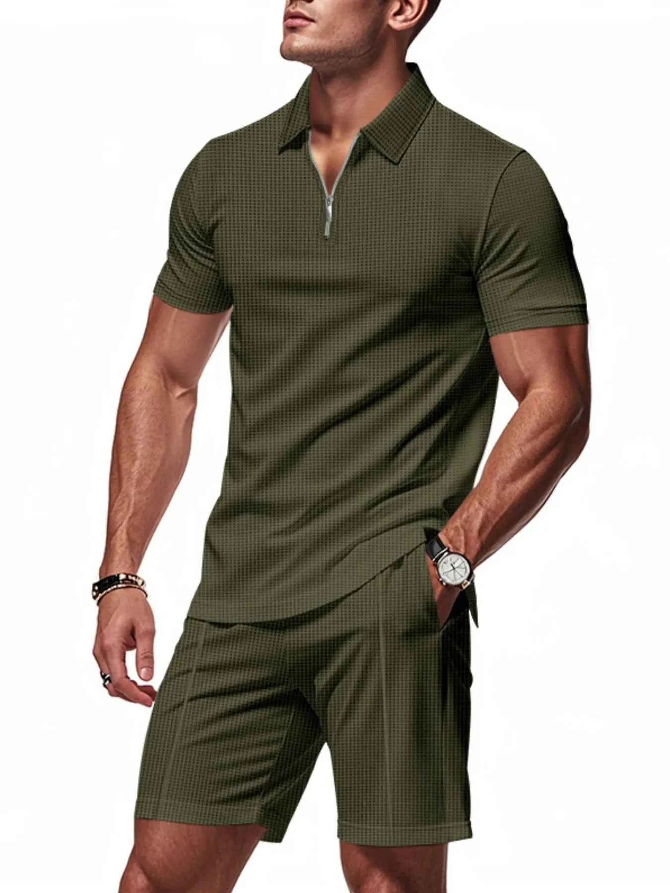 Men's Plus Size Quarter Zip Short Sleeve Top and Shorts Set - Mr Lou’s Place
