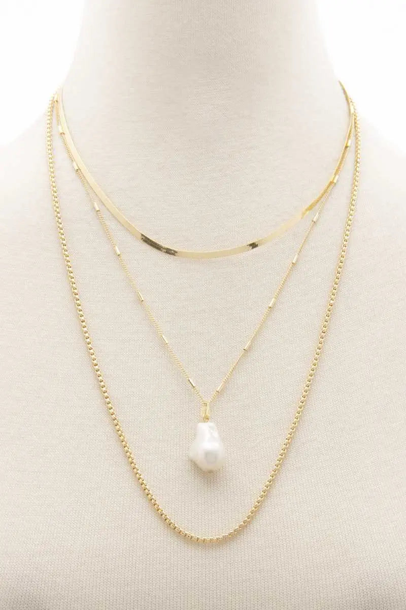 Pearl Herringbone Link Layered Necklace - Mr Lou’s Place
