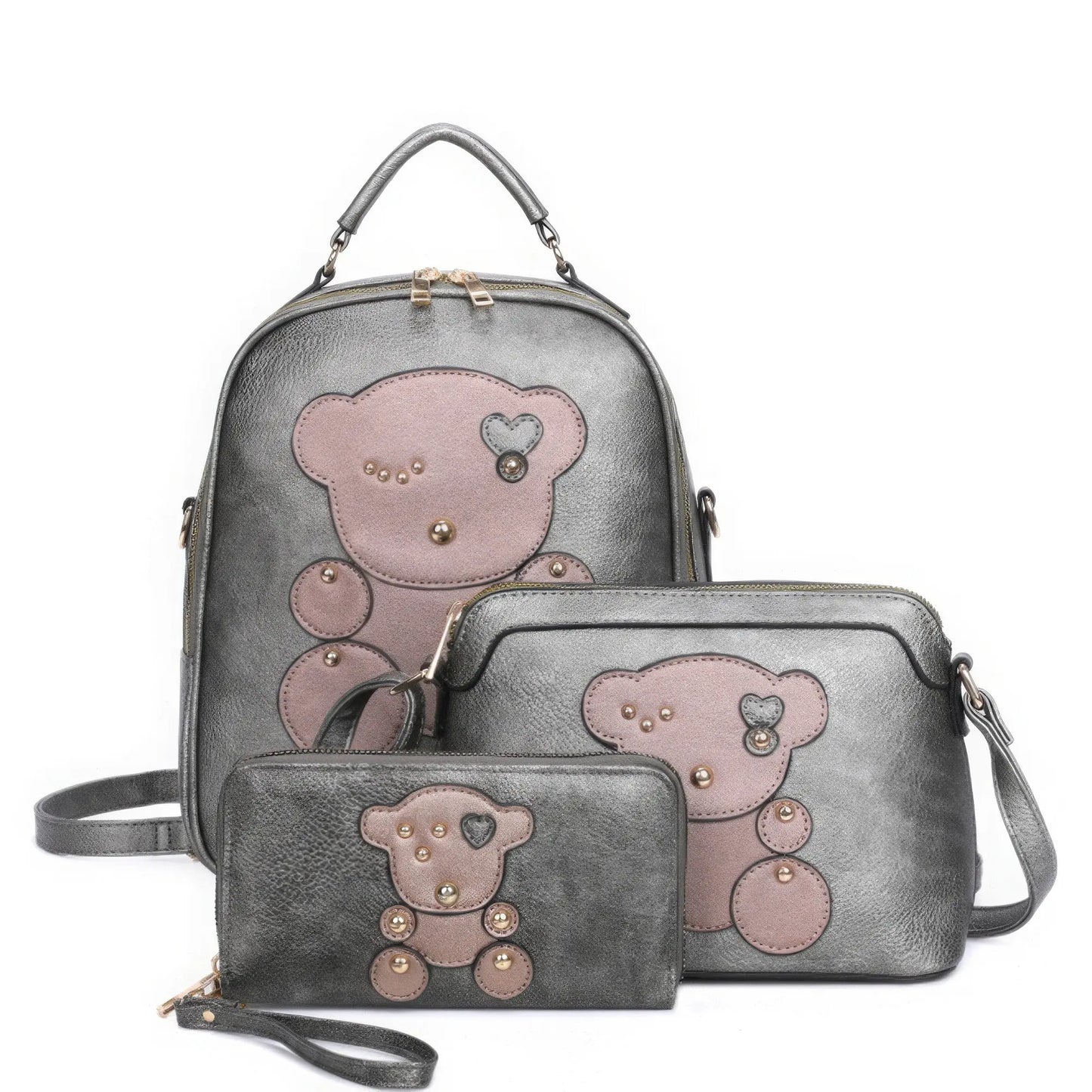 3in1 Cute Bear Design Handle Backpack W Crossbody And Wallet Set - Mr Lou’s Place