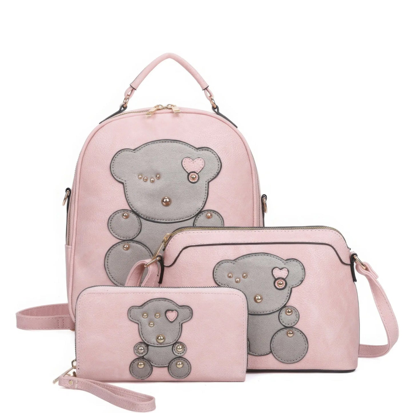 3in1 Cute Bear Design Handle Backpack W Crossbody And Wallet Set - Mr Lou’s Place