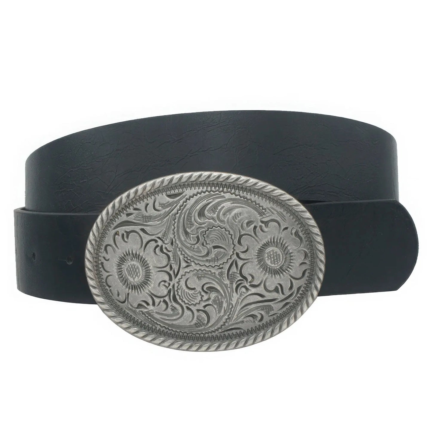Flower Embossed Oval Buckle Vintage Strap Belt - Mr Lou’s Place