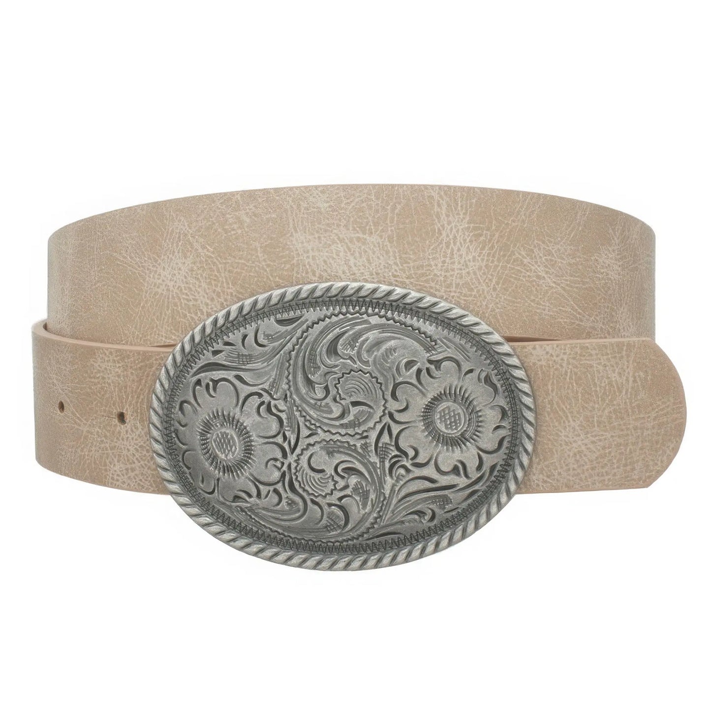 Flower Embossed Oval Buckle Vintage Strap Belt - Mr Lou’s Place