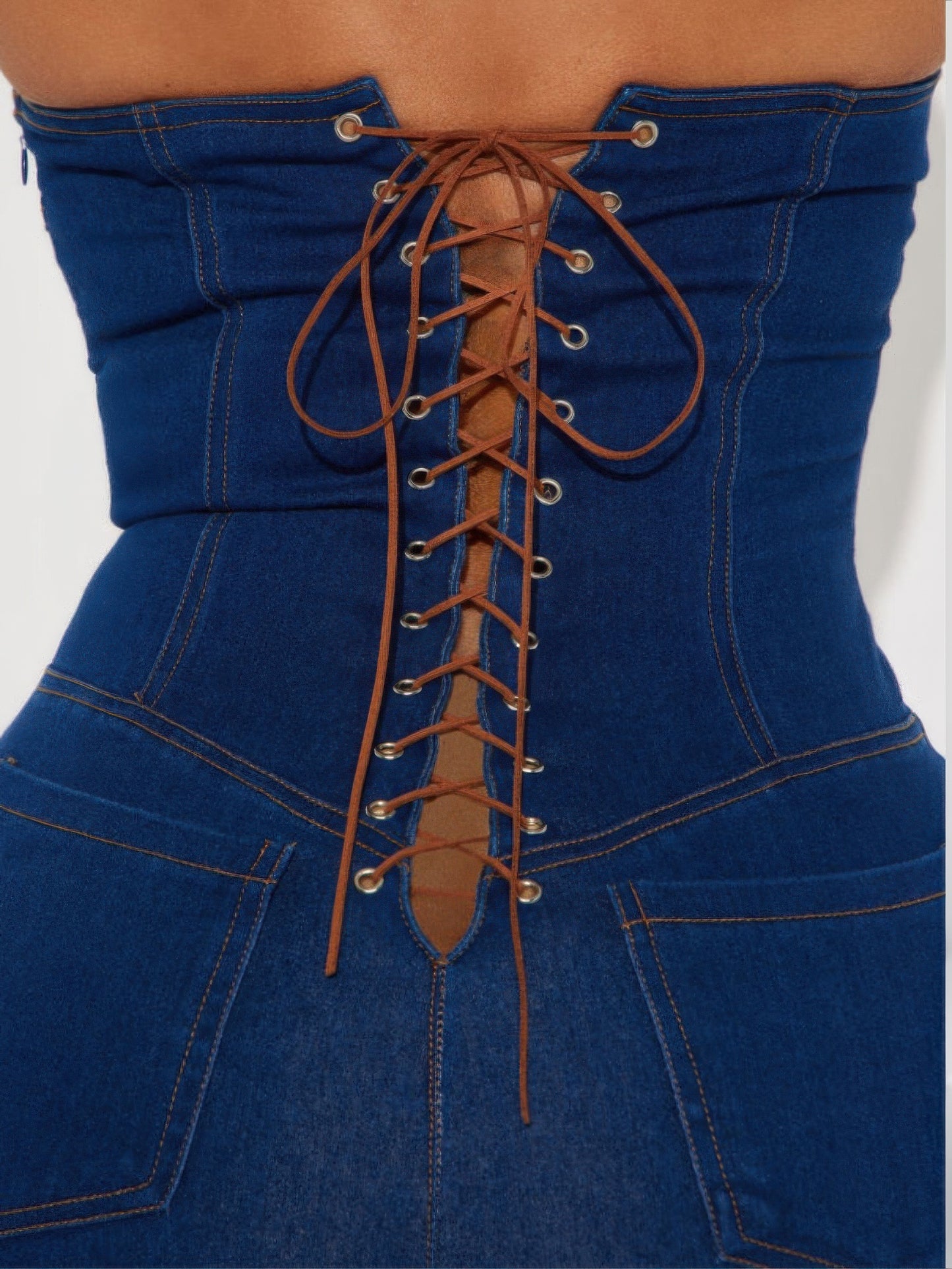 Strapless Denim Jumpsuit With Lace Up Back - Mr Lou’s Place