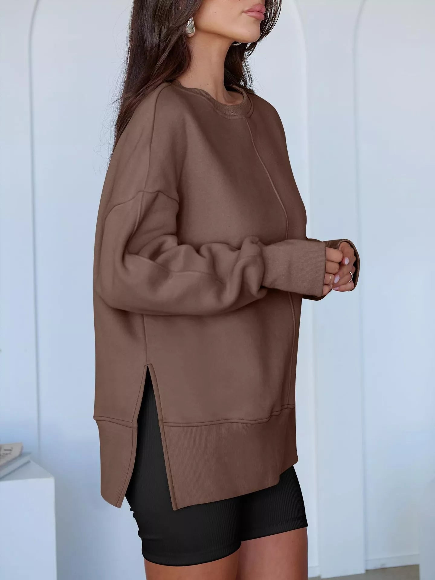 Side Slit Round Neck Long Sleeve Sweatshirt - Mr Lou’s Place
