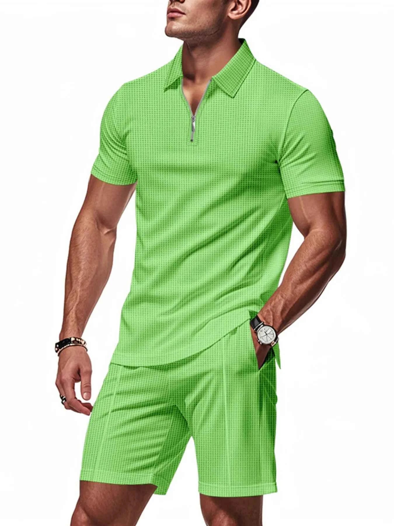 Men's Plus Size Quarter Zip Short Sleeve Top and Shorts Set - Mr Lou’s Place