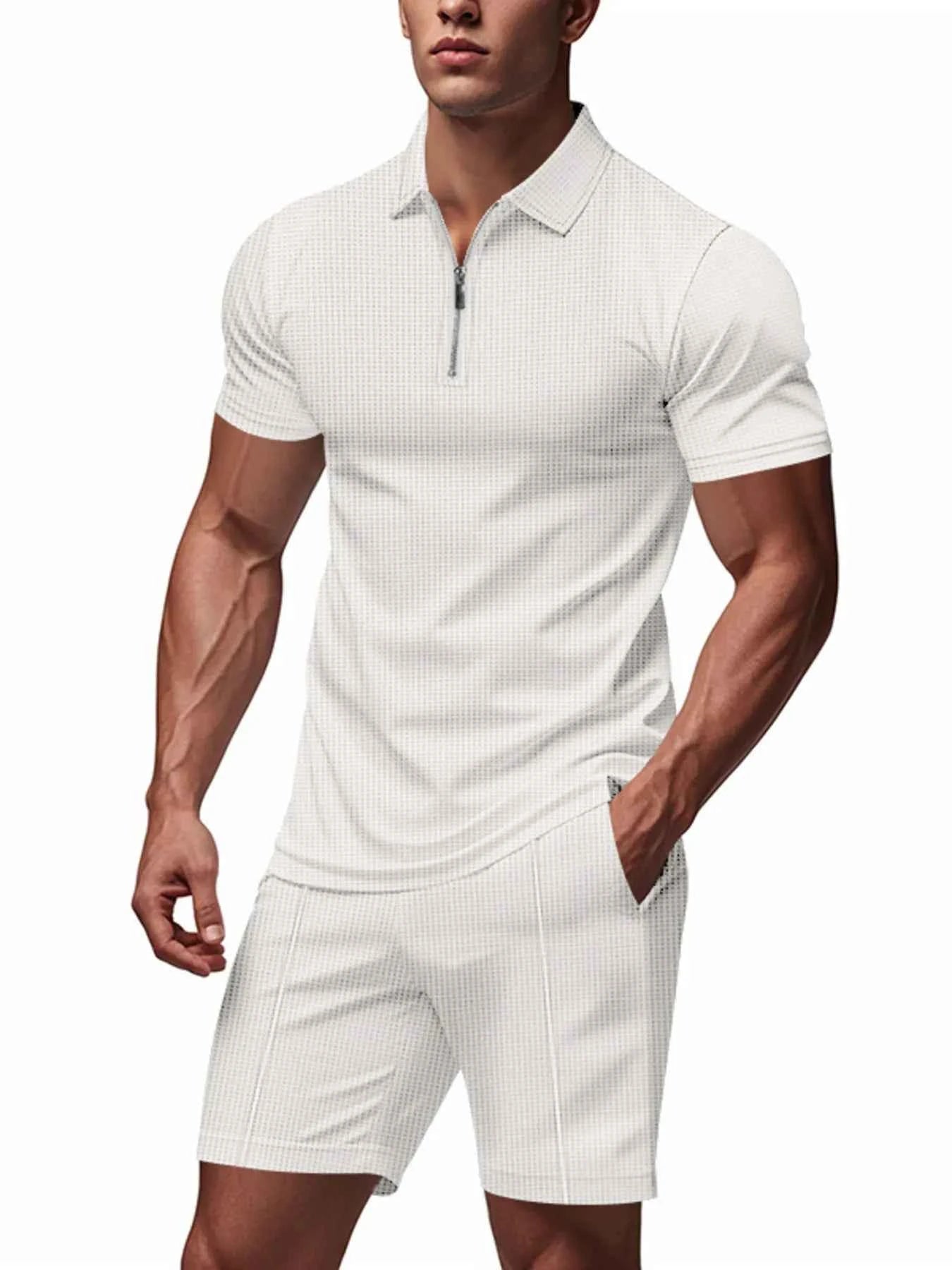 Men's Plus Size Quarter Zip Short Sleeve Top and Shorts Set - Mr Lou’s Place