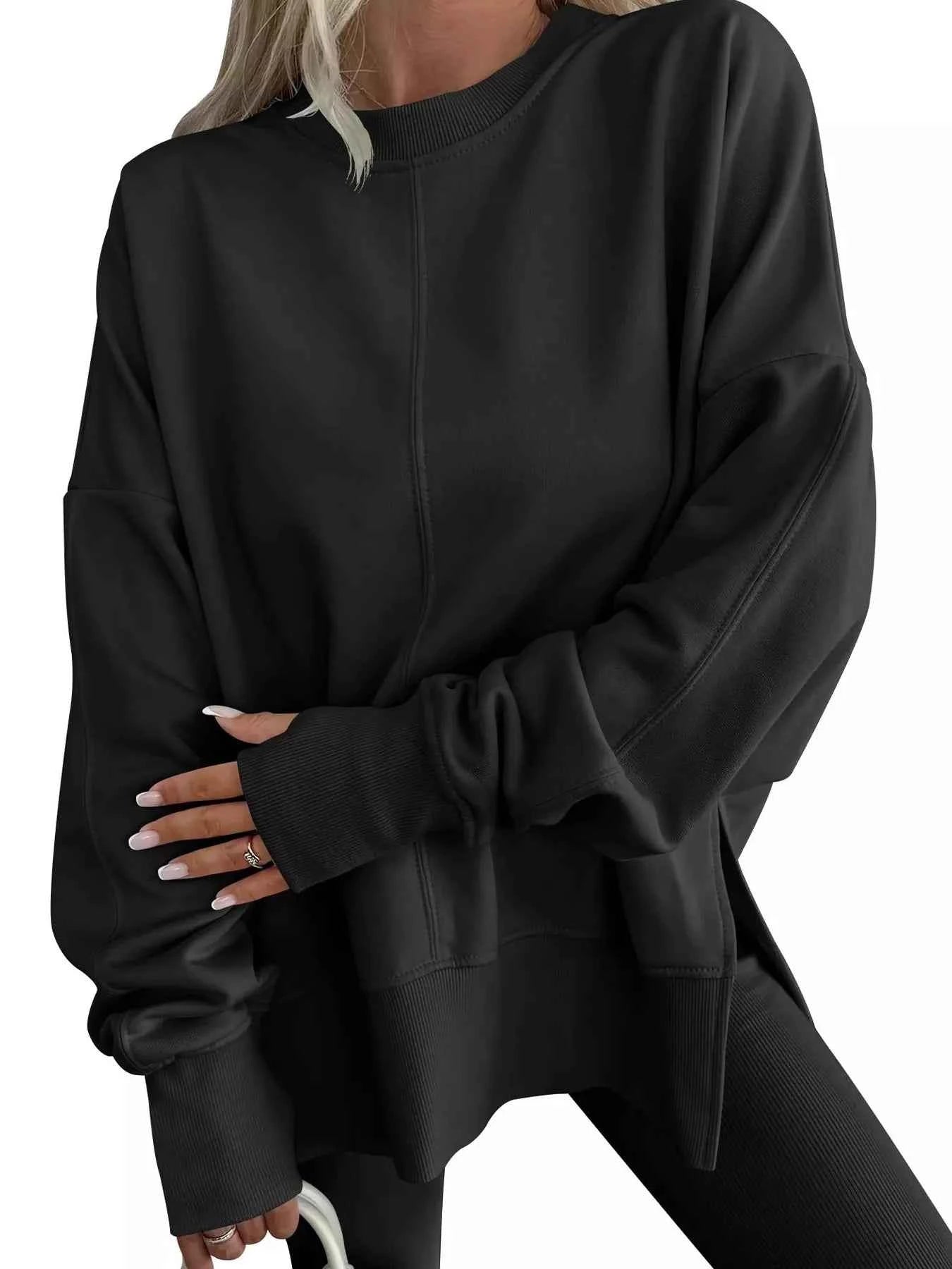 Side Slit Round Neck Long Sleeve Sweatshirt - Mr Lou’s Place