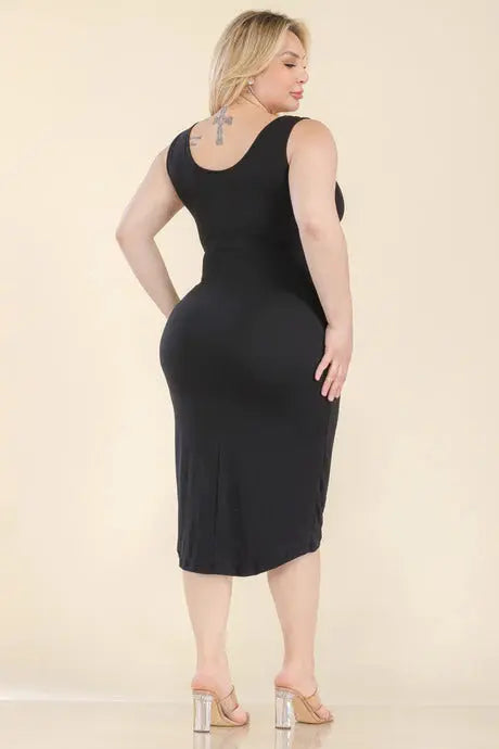 Plus Size Solid Wrap Front Tie Side Midi Dress - Mr Lou’s Place
