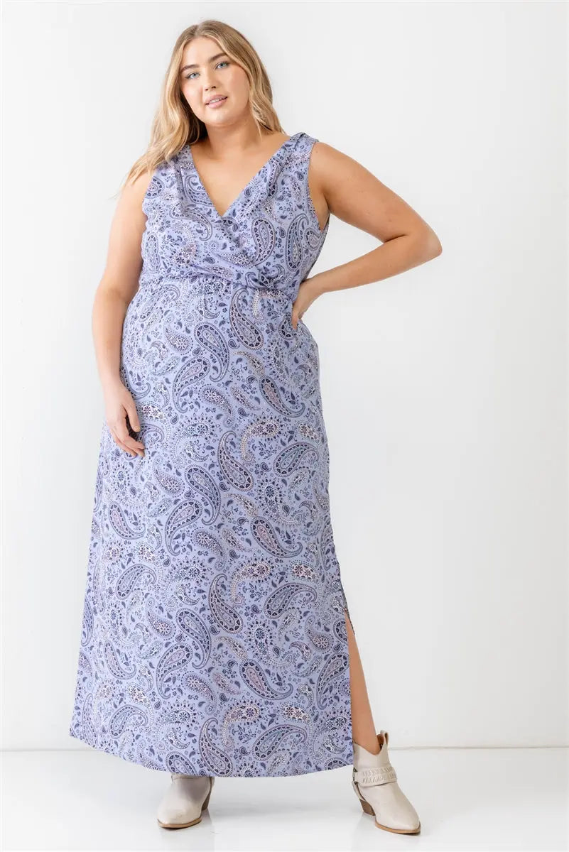 Plus Lavender Paisley Wrap V-neck Sleeveless Midi Dress - Mr Lou’s Place
