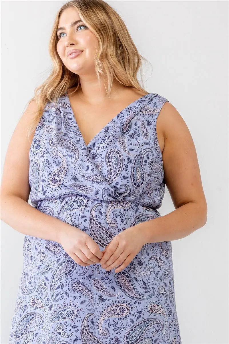 Plus Lavender Paisley Wrap V-neck Sleeveless Midi Dress - Mr Lou’s Place