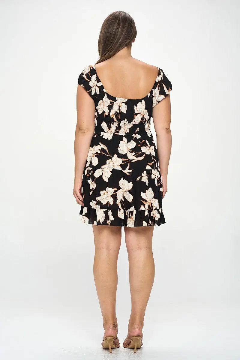 Plus Big Floral Front Tie Ruffle Mini Dress - Mr Lou’s Place