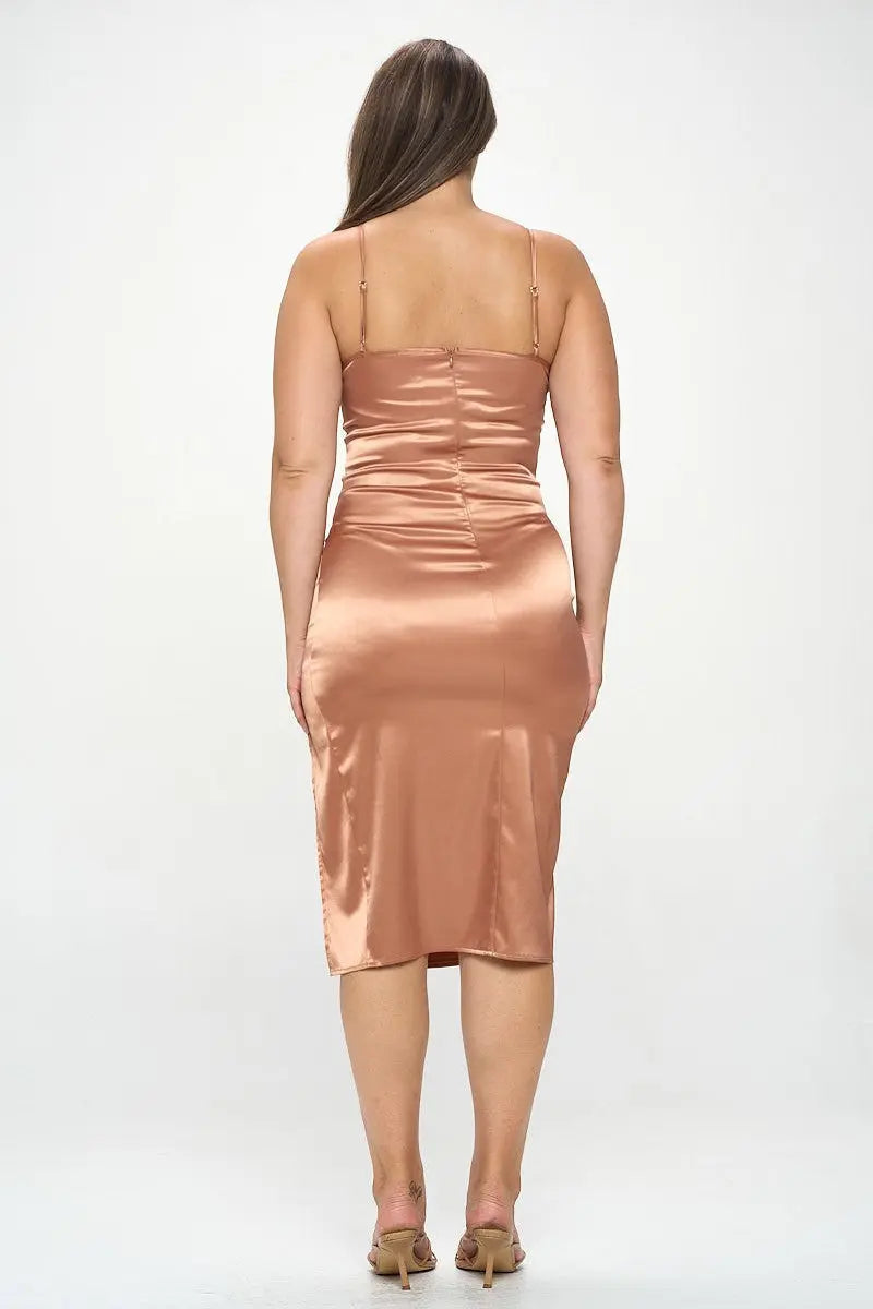 Plus Solid Satin Front Knot Bodycon Midi Dress - Mr Lou’s Place