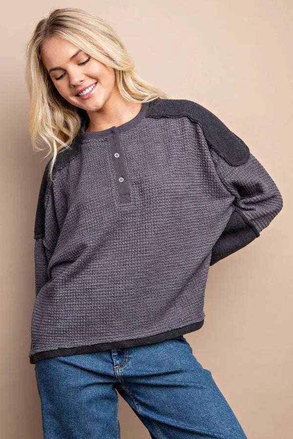 Waffle Knit And Fleece Contrast Henley Top With Button Front - Mr Lou’s Place