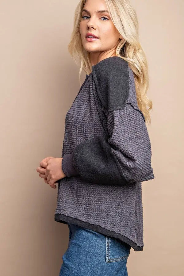 Waffle Knit And Fleece Contrast Henley Top With Button Front - Mr Lou’s Place