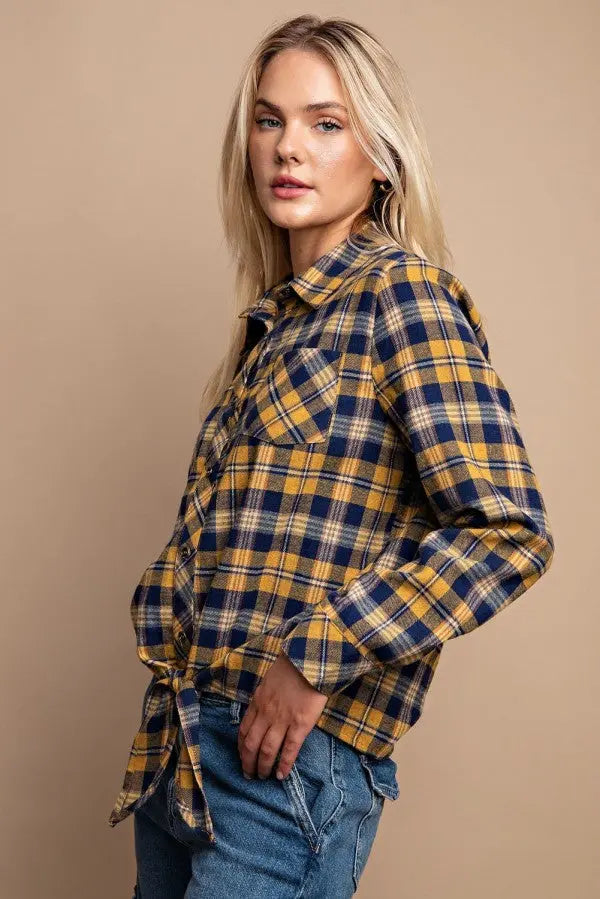 Tie Front Button Down Plaid Shirt With Front Pocket - Mr Lou’s Place
