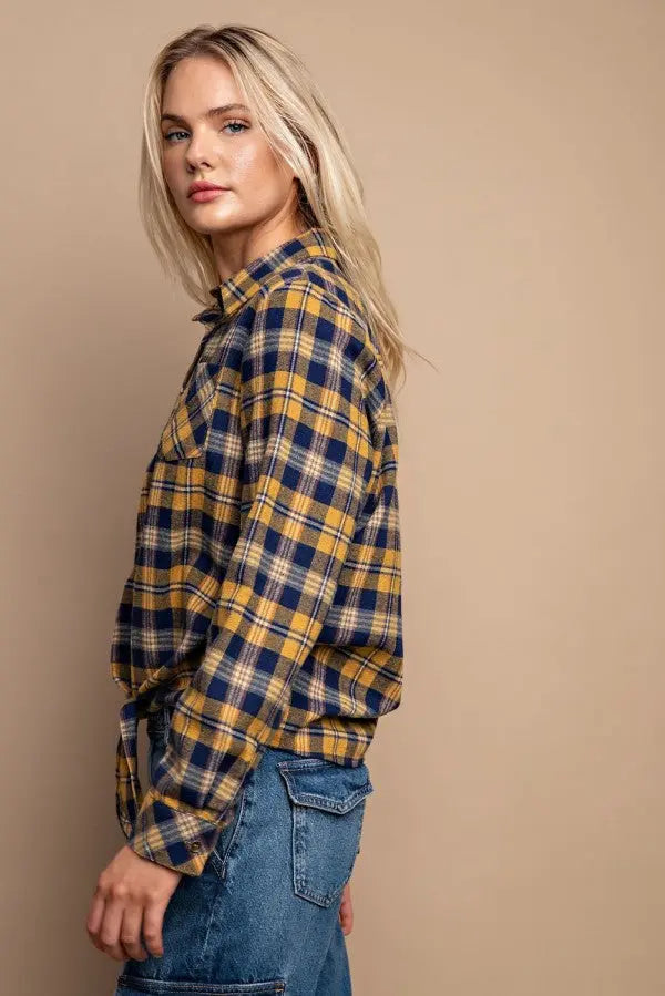 Tie Front Button Down Plaid Shirt With Front Pocket - Mr Lou’s Place