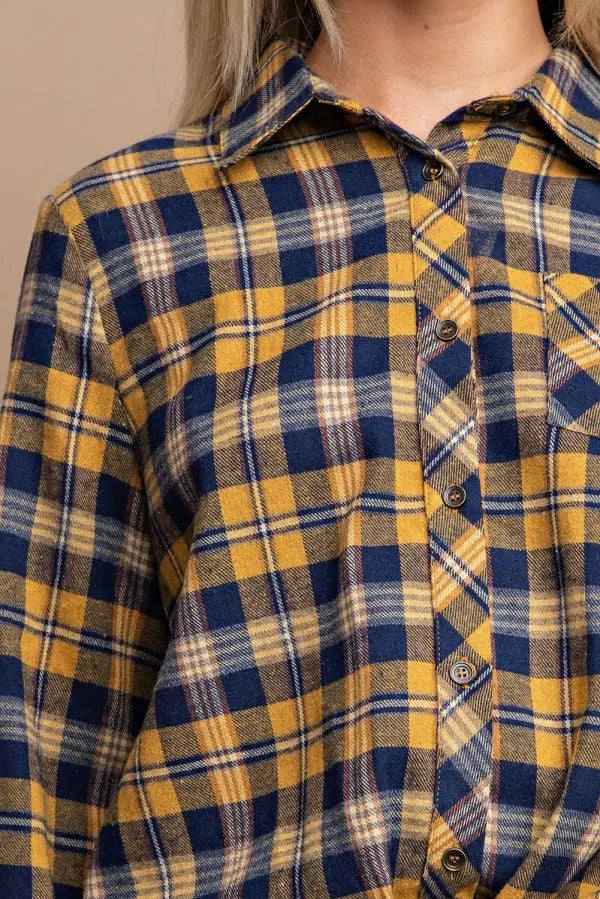 Tie Front Button Down Plaid Shirt With Front Pocket - Mr Lou’s Place