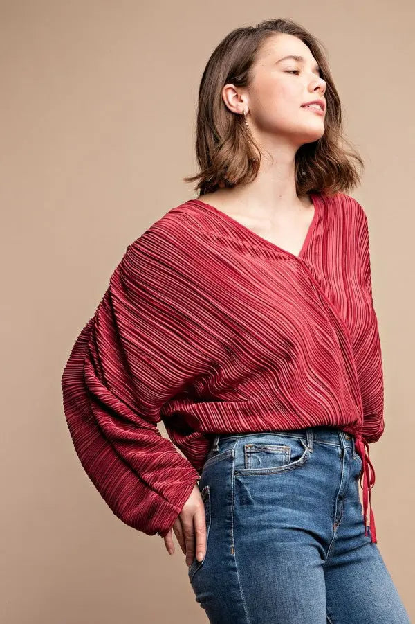 Satin Pleated Drawstring Top With Snap Button - Mr Lou’s Place