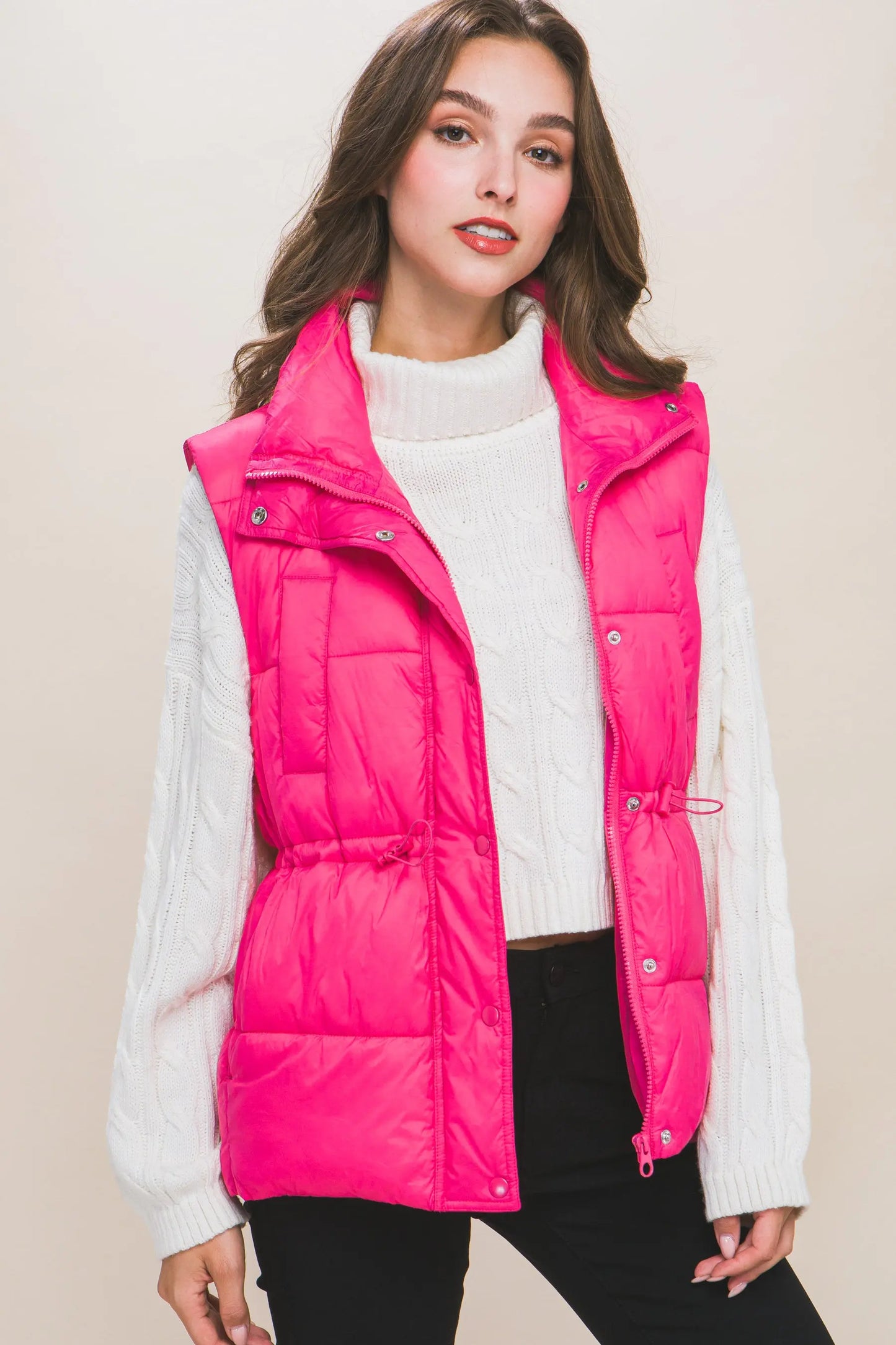 Zip Up Button Puffer Vest With Waist Toggles - Mr Lou’s Place