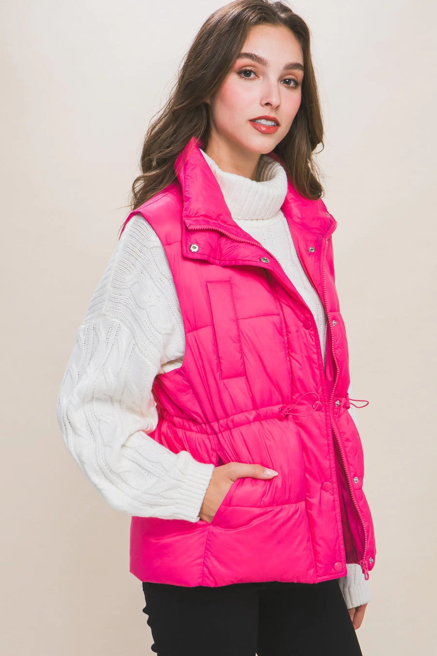 Zip Up Button Puffer Vest With Waist Toggles - Mr Lou’s Place