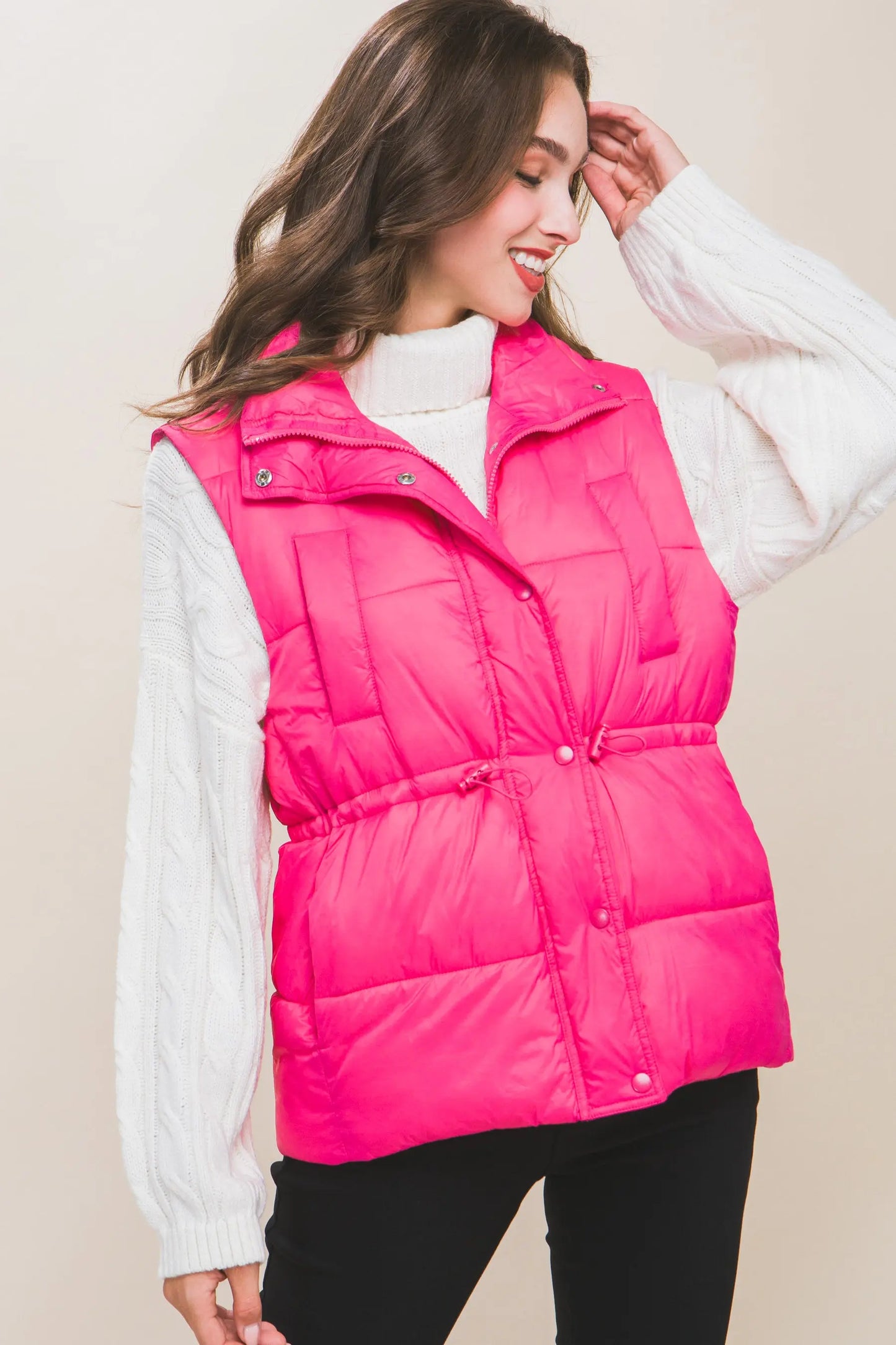 Zip Up Button Puffer Vest With Waist Toggles - Mr Lou’s Place