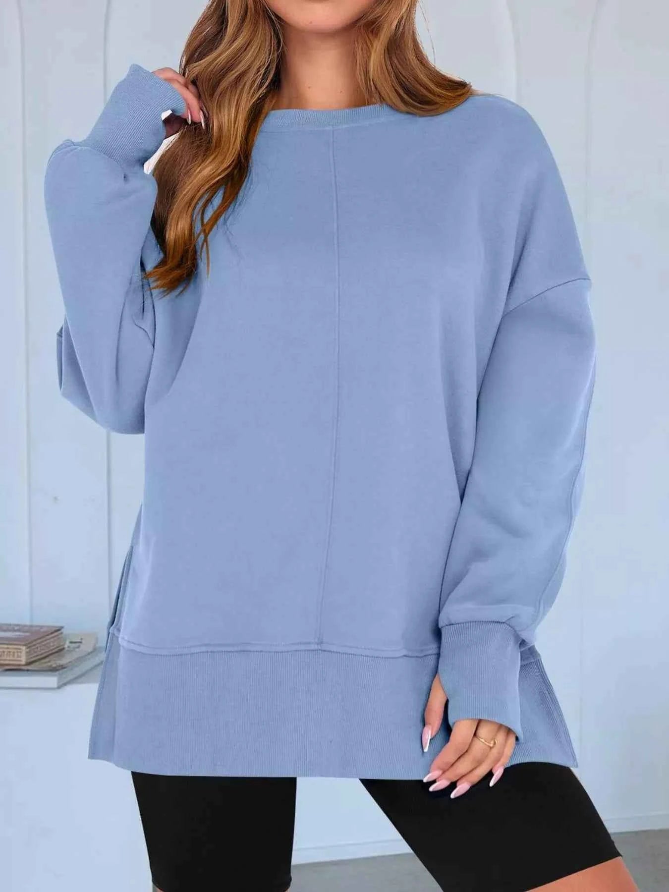 Side Slit Round Neck Long Sleeve Sweatshirt - Mr Lou’s Place