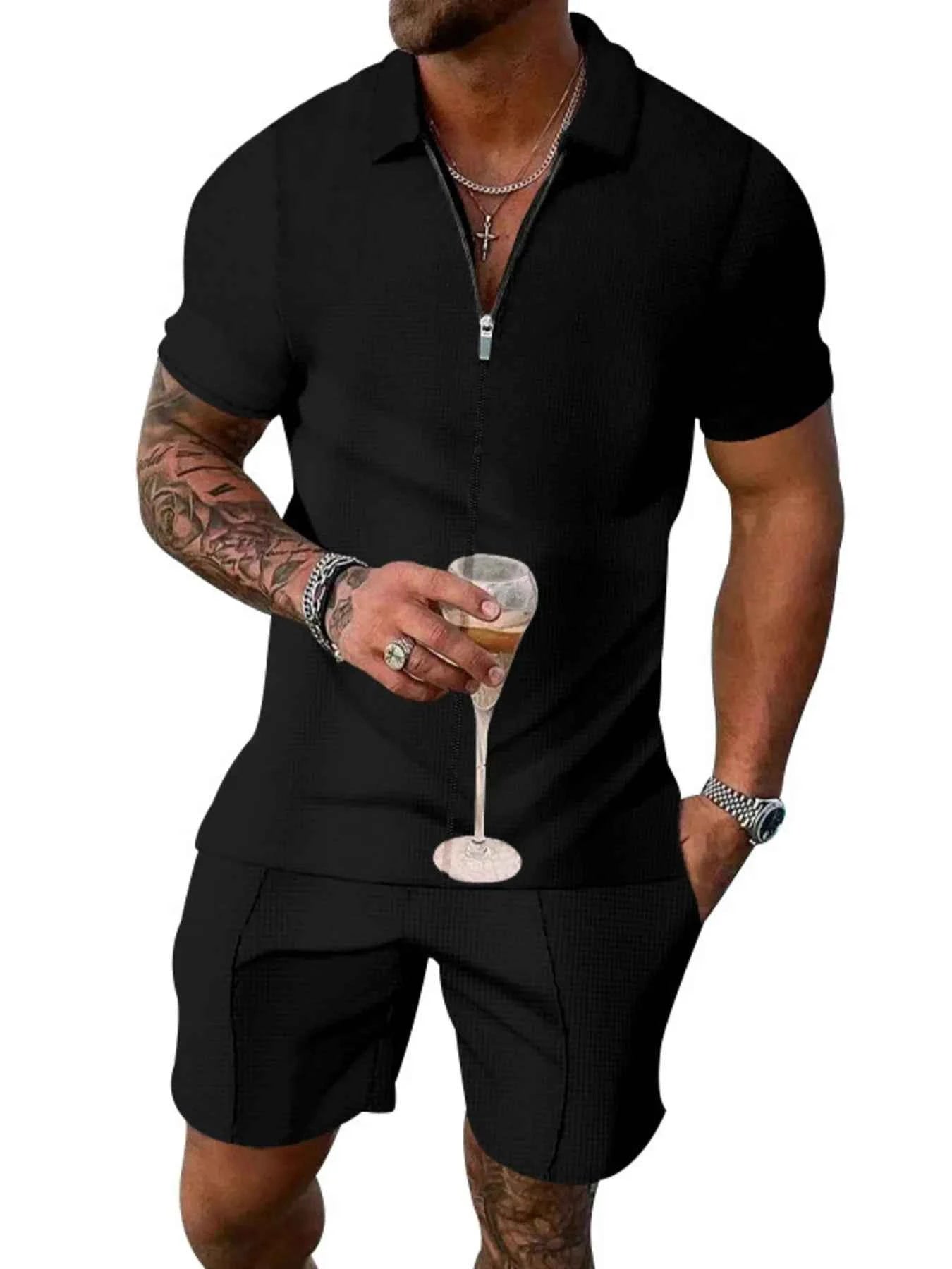 Men's Plus Size Zip Up Short Sleeve Top and Shorts Set - Mr Lou’s Place