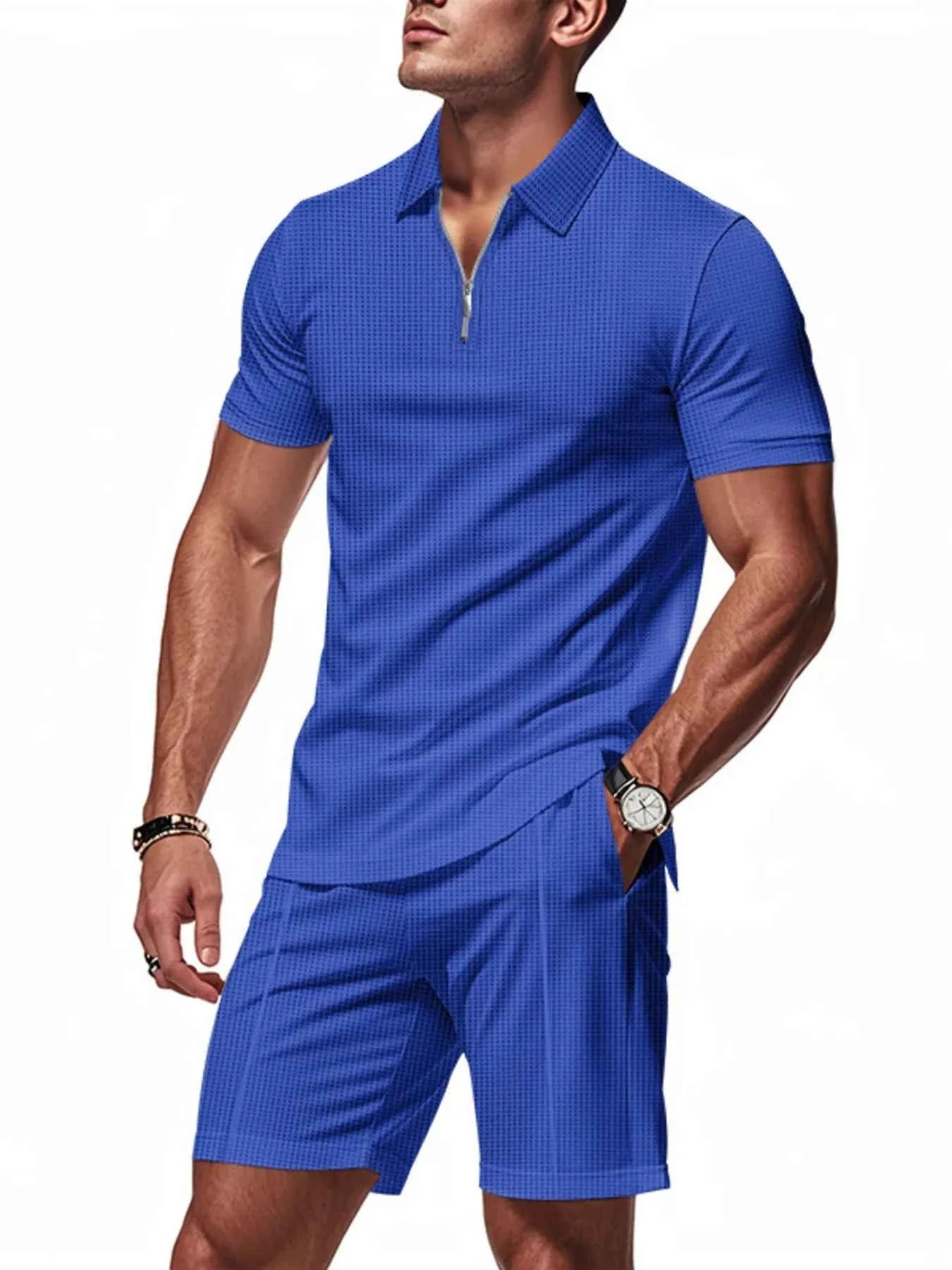 Men's Plus Size Quarter Zip Short Sleeve Top and Shorts Set - Mr Lou’s Place