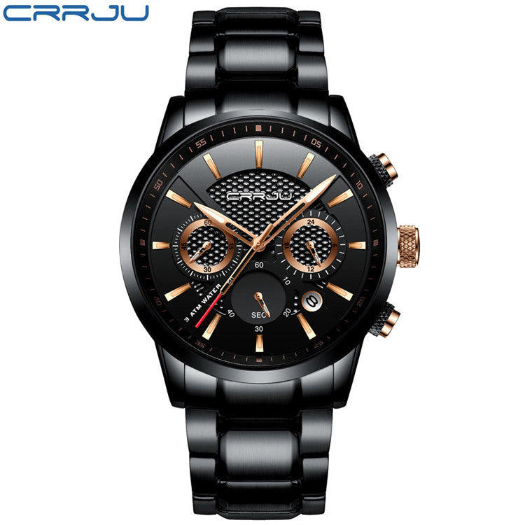 Stylish Men's Black Gold Steel Sports Watch with 3 Eyes Mr Lou’s Place