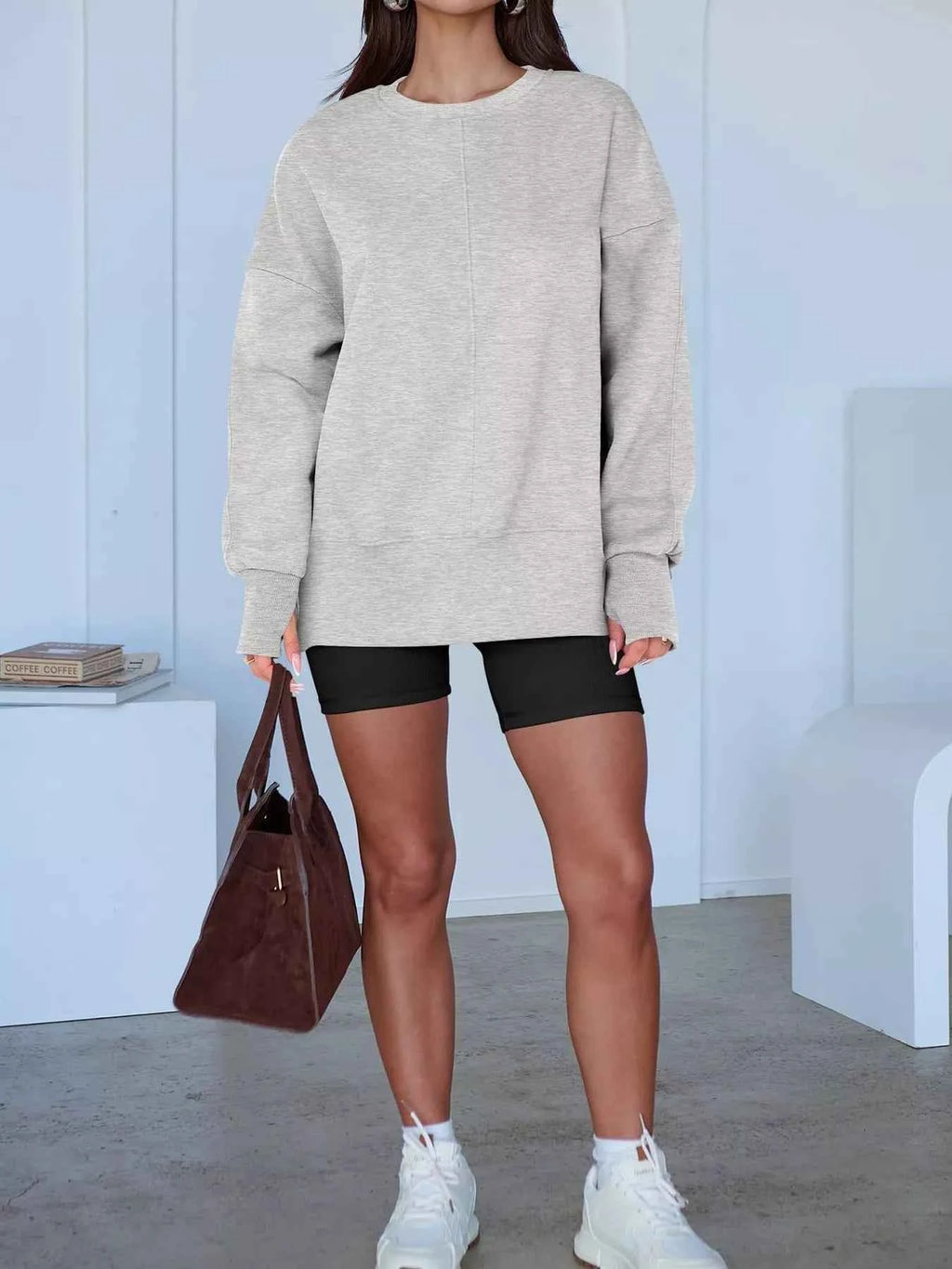 Side Slit Round Neck Long Sleeve Sweatshirt - Mr Lou’s Place