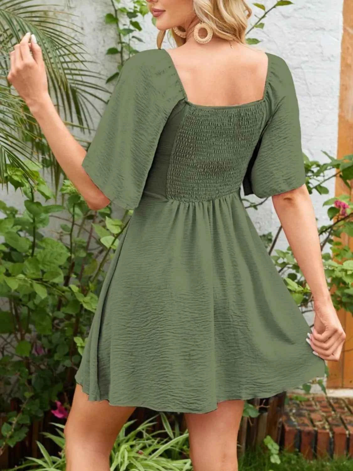 Smocked Back Knotted Flutter Sleeve Dress