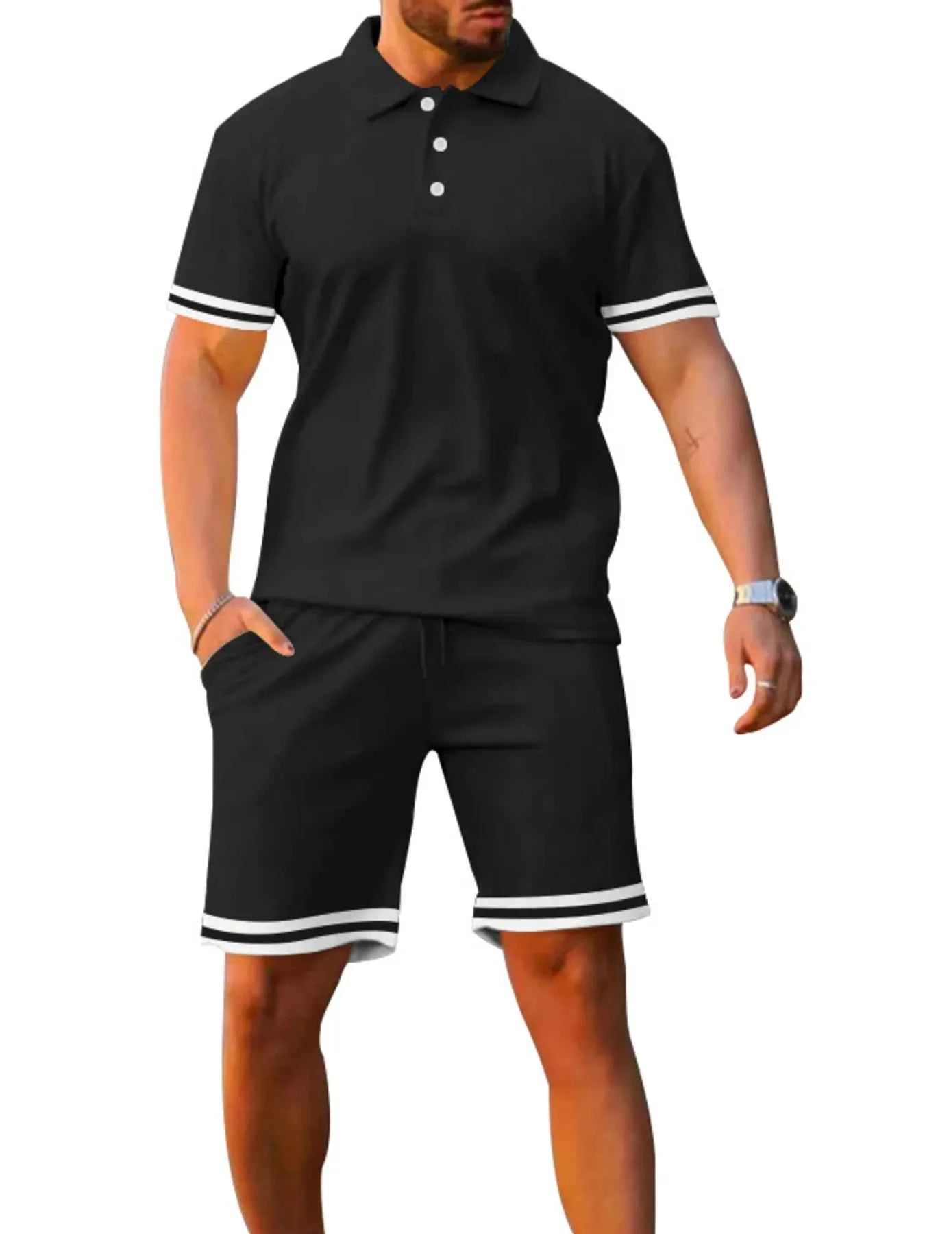 Men's Full Size Contrast Trim Polo and Shorts Set Plus Size - Mr Lou’s Place