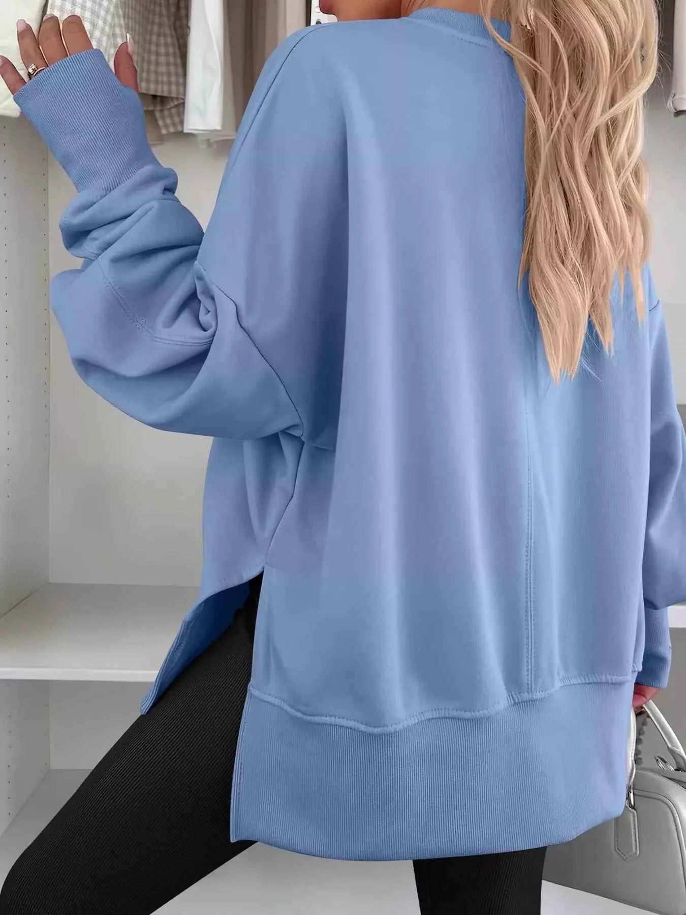 Side Slit Round Neck Long Sleeve Sweatshirt - Mr Lou’s Place