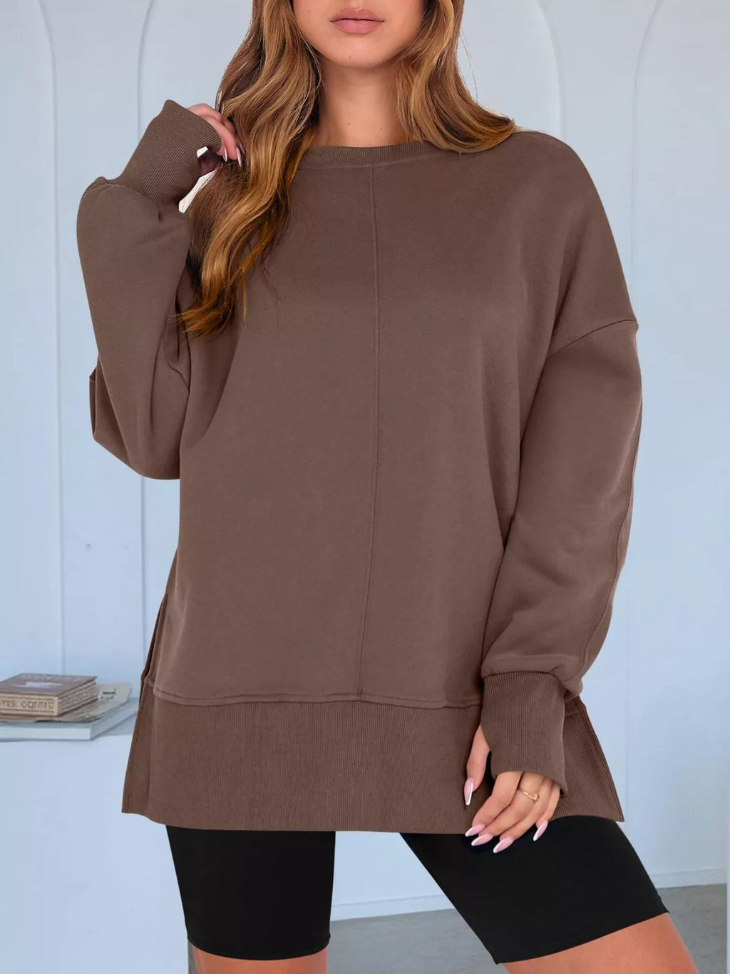 Side Slit Round Neck Long Sleeve Sweatshirt - Mr Lou’s Place
