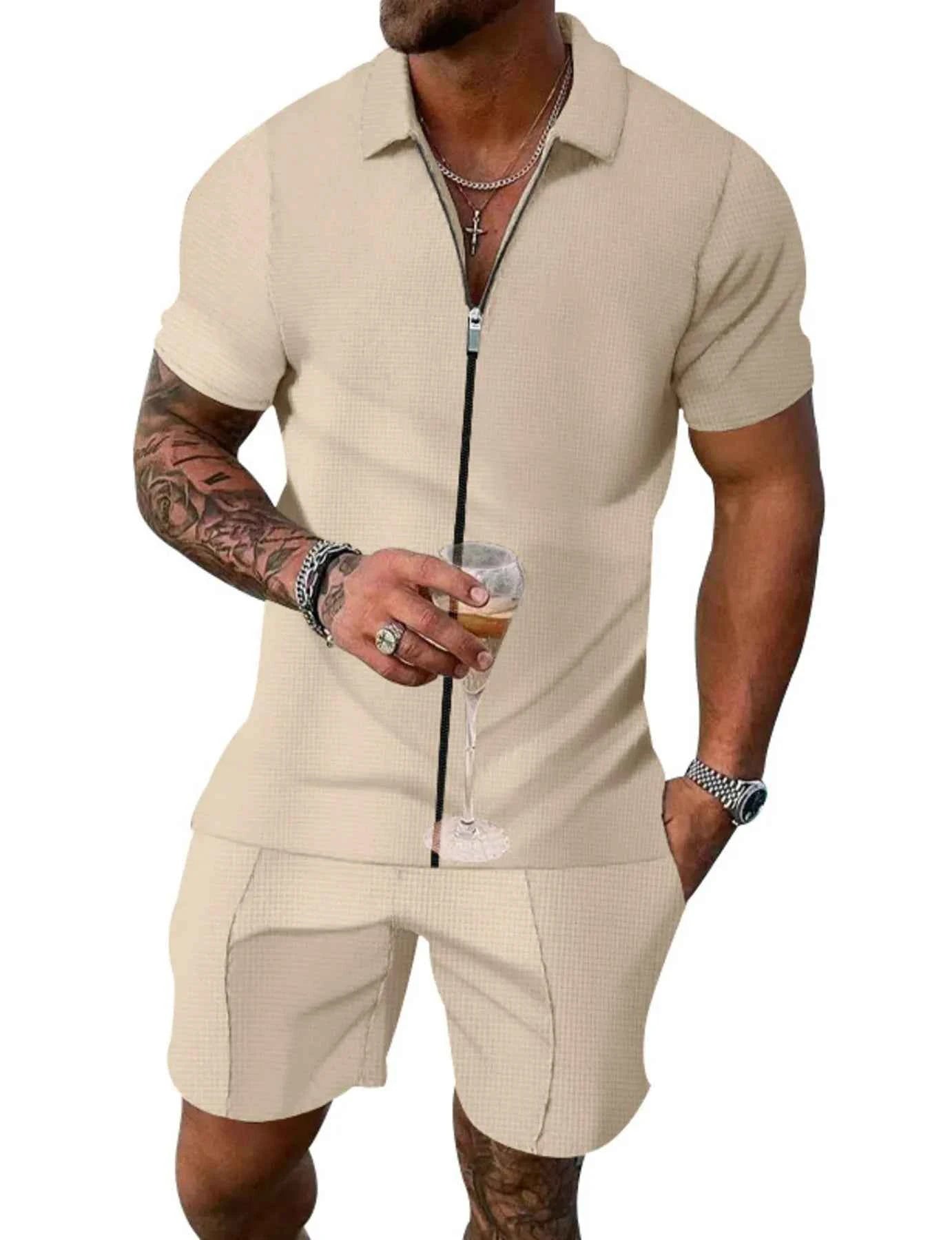 Men's Plus Size Zip Up Short Sleeve Top and Shorts Set - Mr Lou’s Place