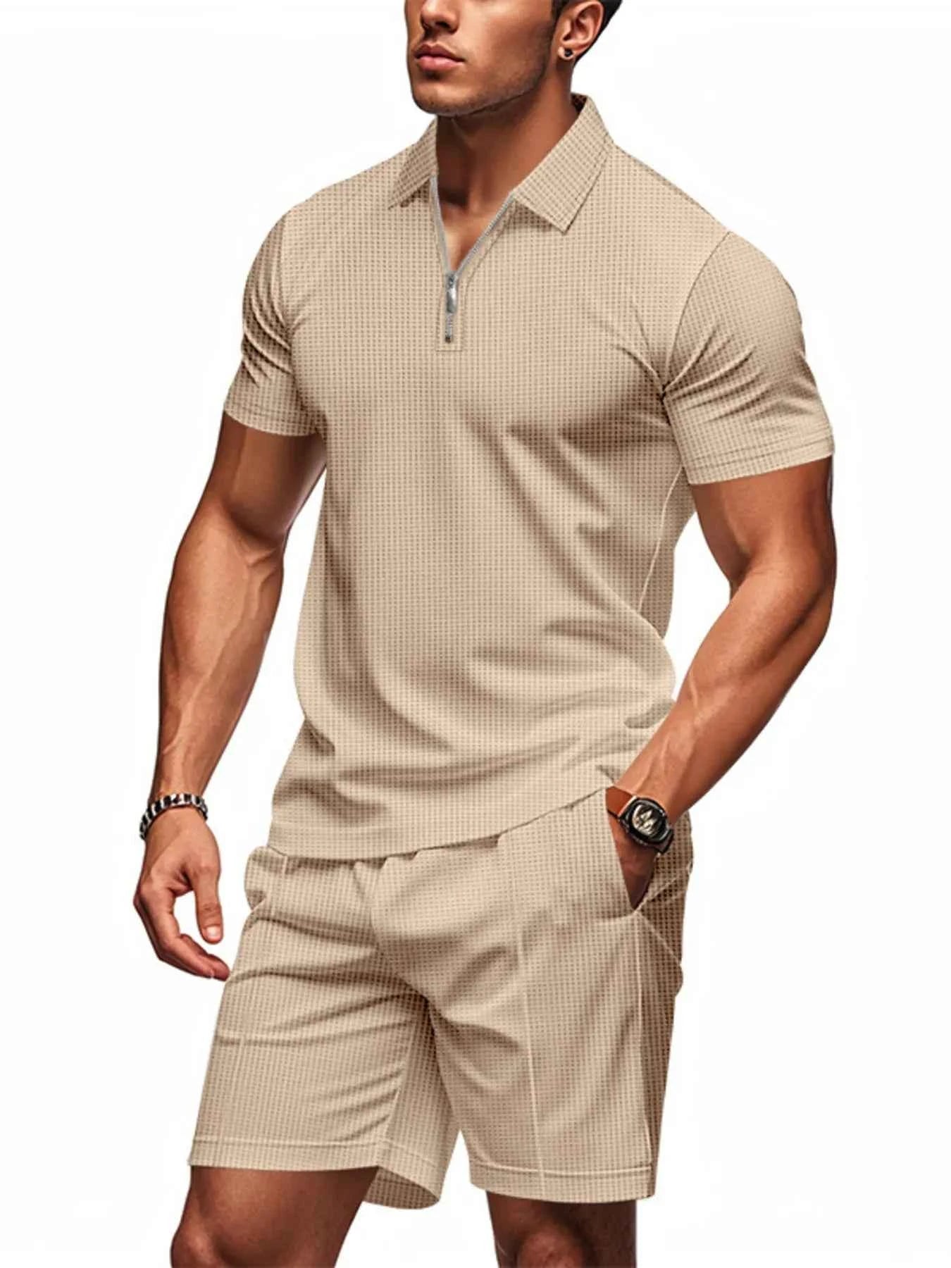 Men's Plus Size Quarter Zip Short Sleeve Top and Shorts Set - Mr Lou’s Place