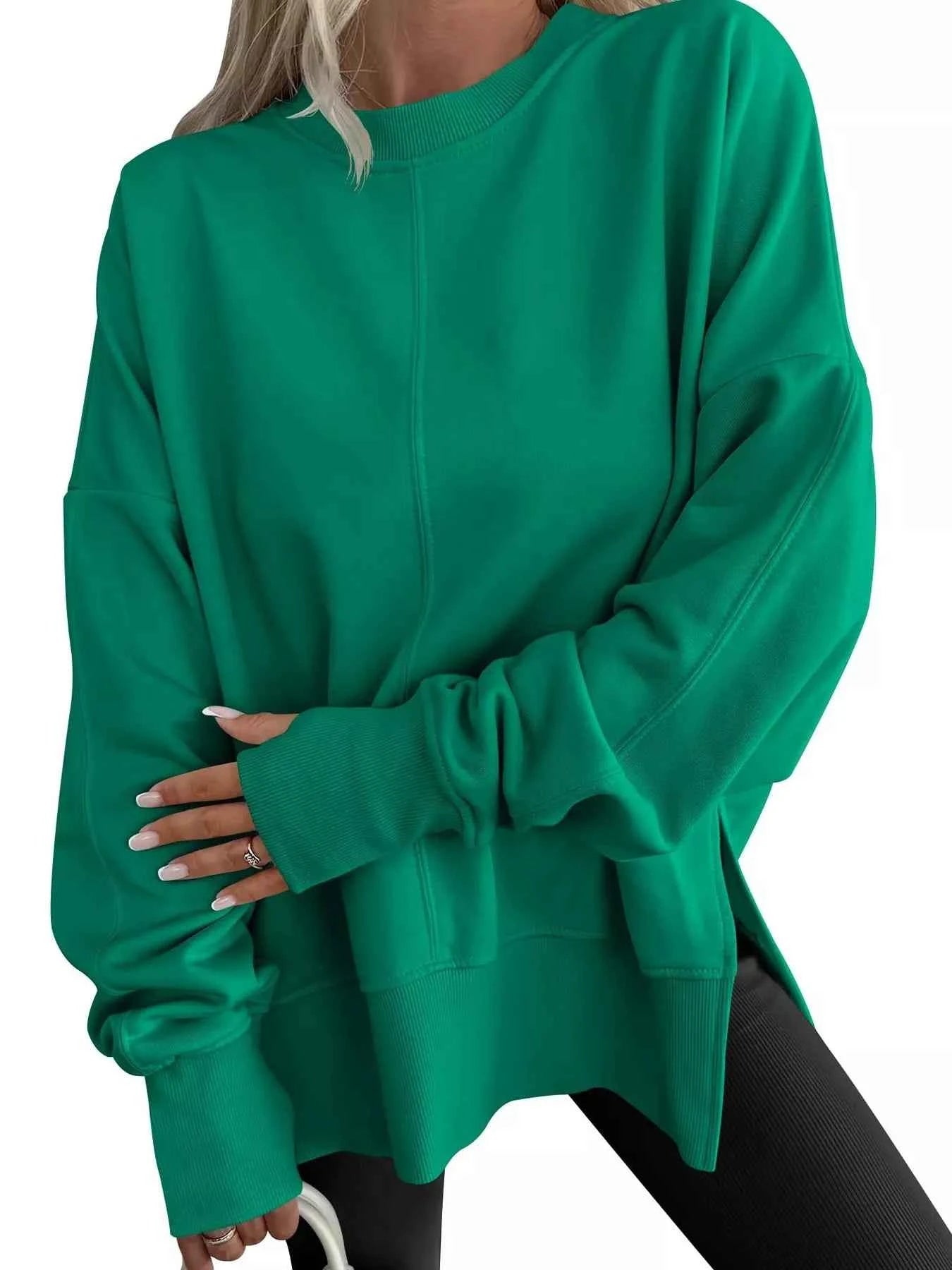 Side Slit Round Neck Long Sleeve Sweatshirt - Mr Lou’s Place