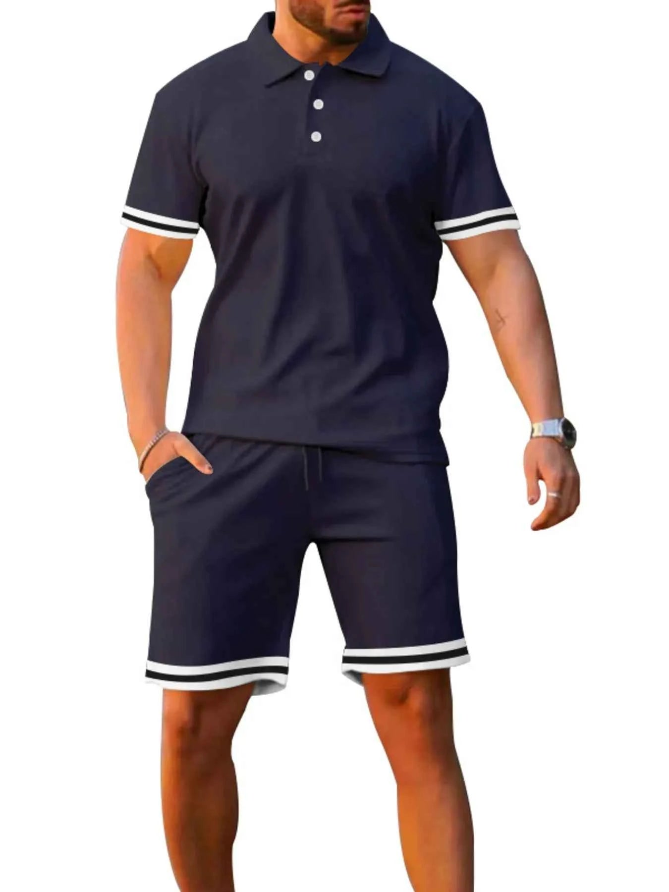 Men's Full Size Contrast Trim Polo and Shorts Set Plus Size - Mr Lou’s Place
