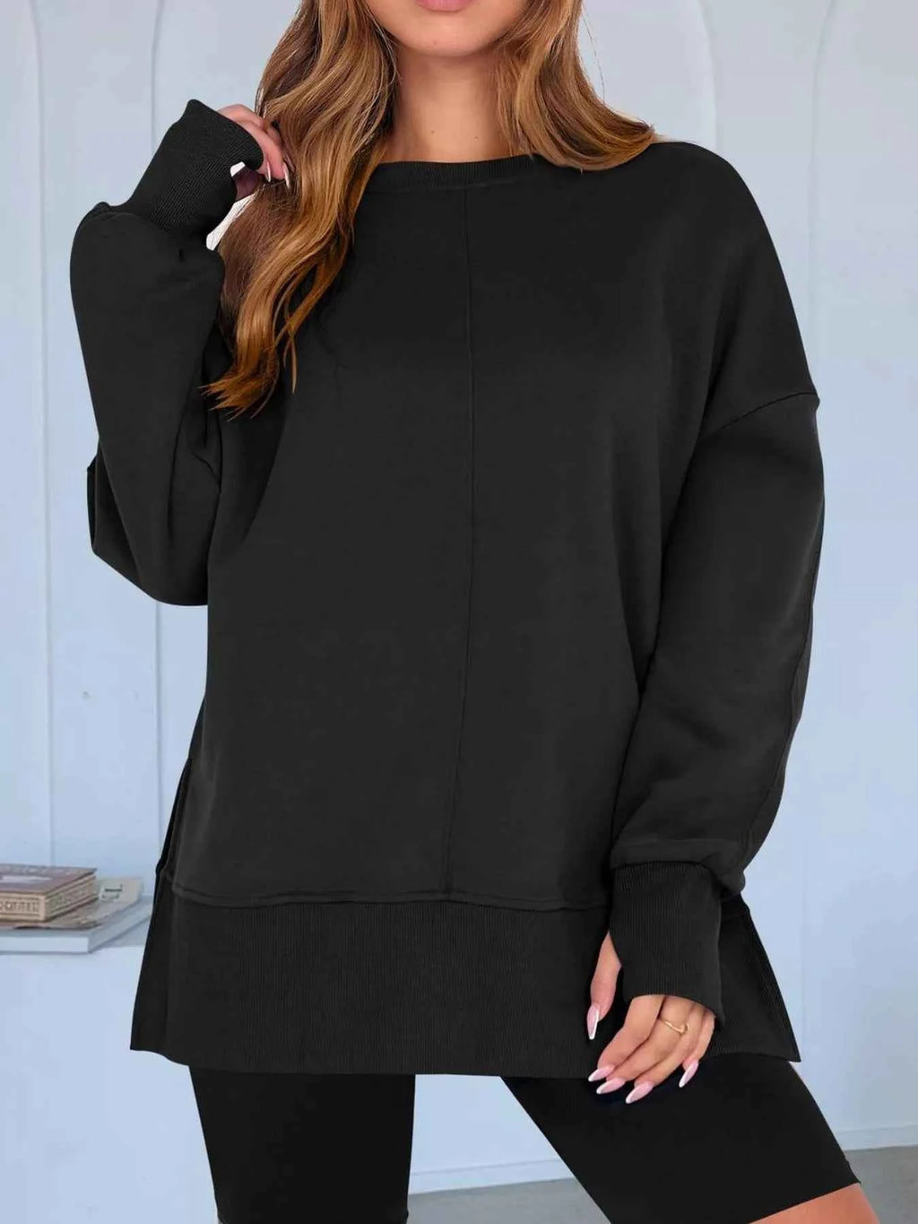 Side Slit Round Neck Long Sleeve Sweatshirt - Mr Lou’s Place