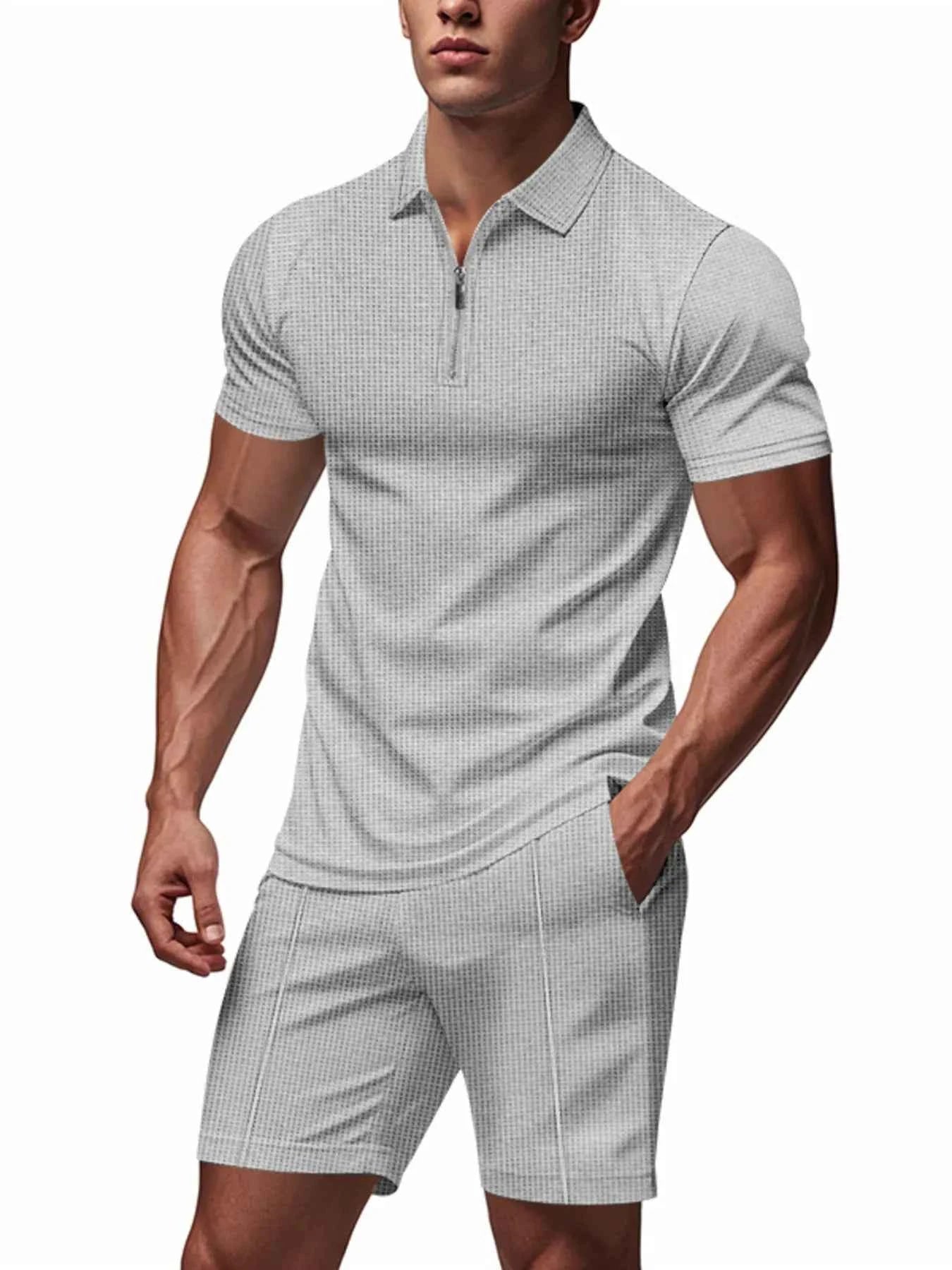 Men's Plus Size Quarter Zip Short Sleeve Top and Shorts Set - Mr Lou’s Place