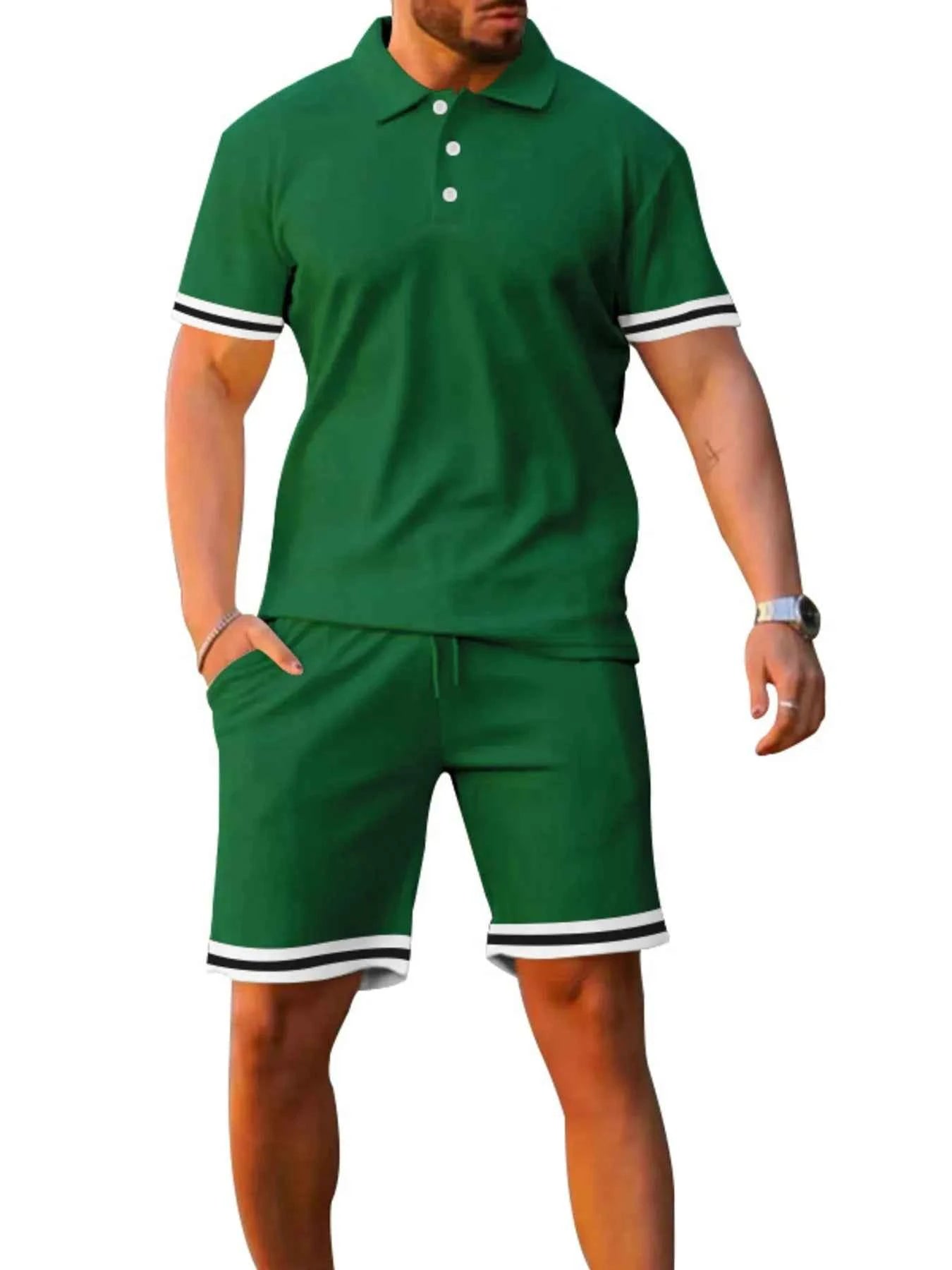 Men's Full Size Contrast Trim Polo and Shorts Set Plus Size - Mr Lou’s Place
