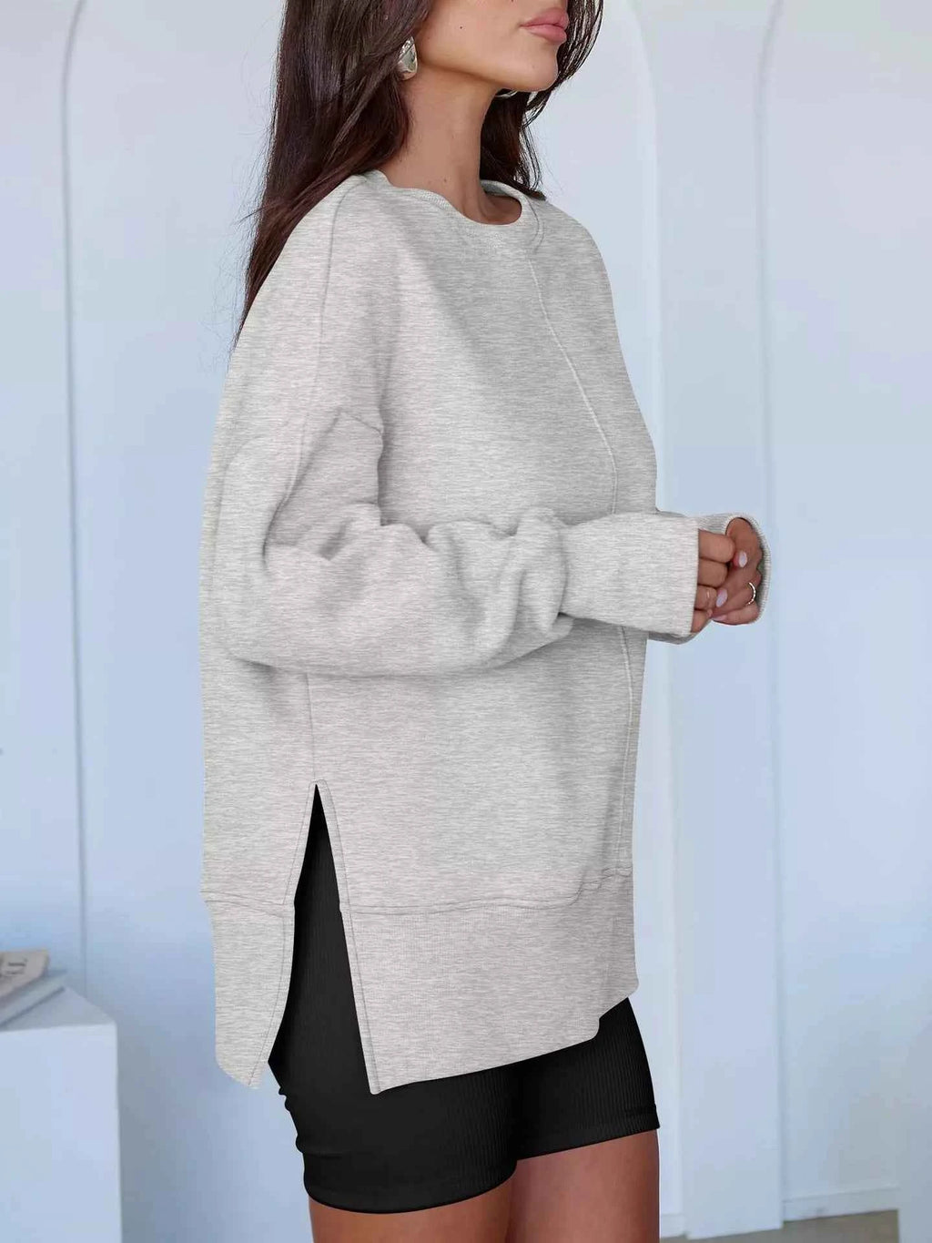 Side Slit Round Neck Long Sleeve Sweatshirt - Mr Lou’s Place