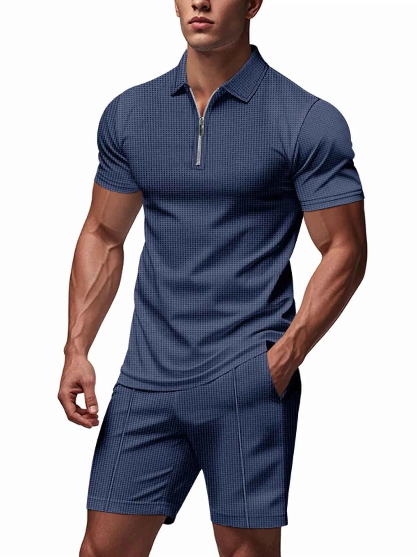 Men's Plus Size Quarter Zip Short Sleeve Top and Shorts Set - Mr Lou’s Place