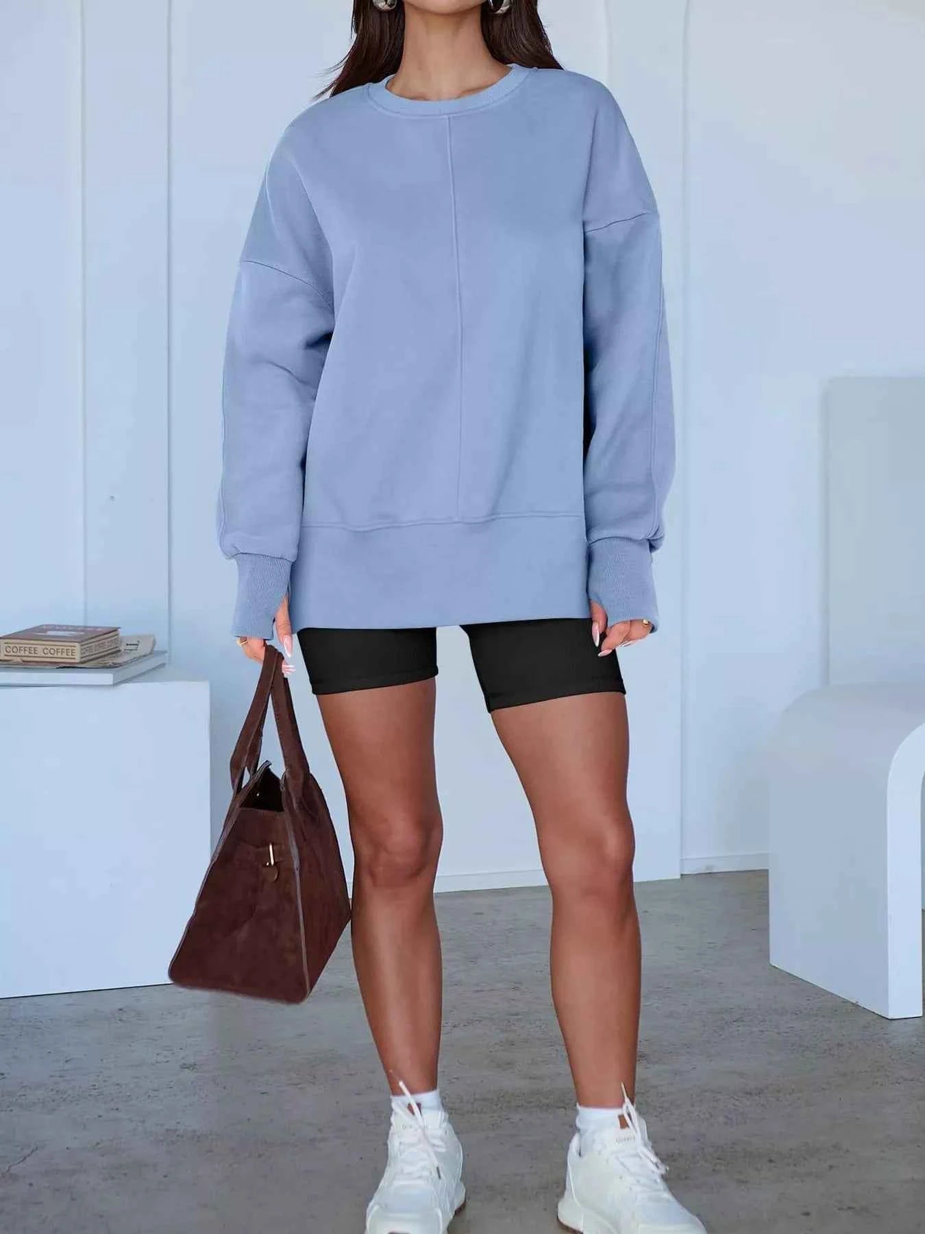 Side Slit Round Neck Long Sleeve Sweatshirt - Mr Lou’s Place